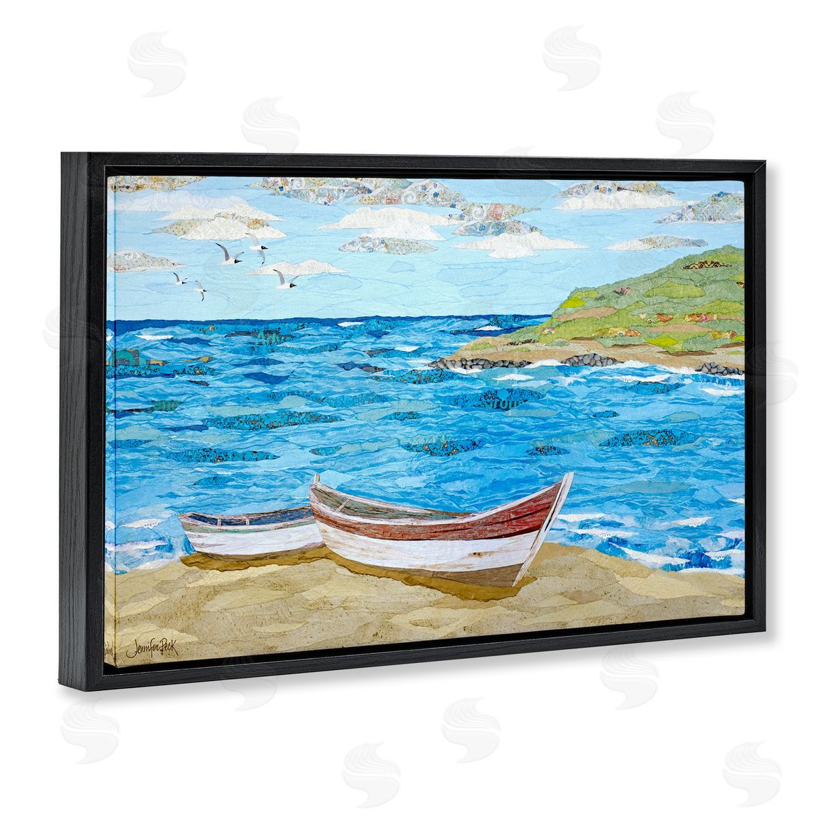 Mykonos Docked Boat Black Floating Frame Canvas Wall Art, Home Decor by Jennifer Peck