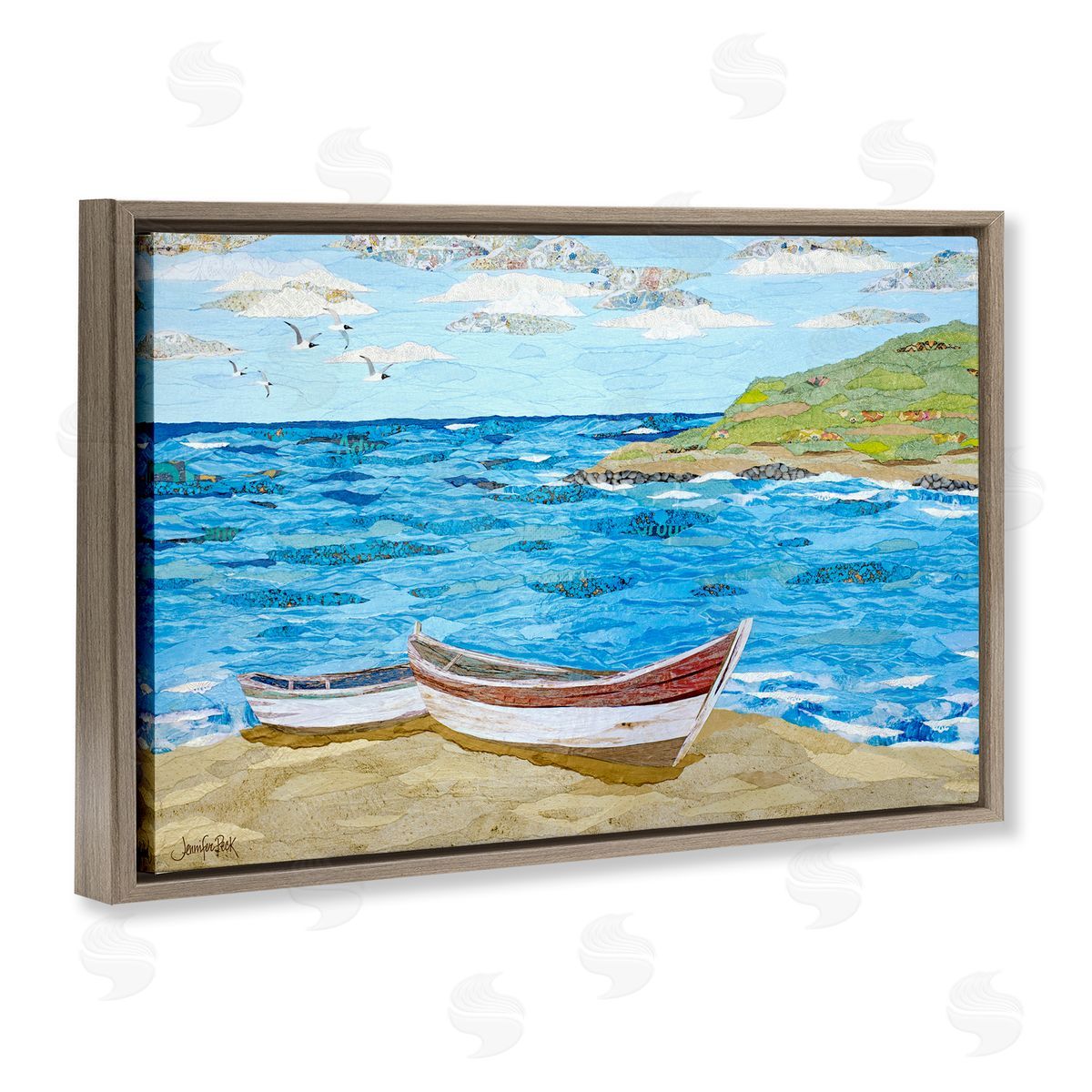 Mykonos Docked Boat Brown Floating Frame Canvas Wall Art, Home Decor by Jennifer Peck