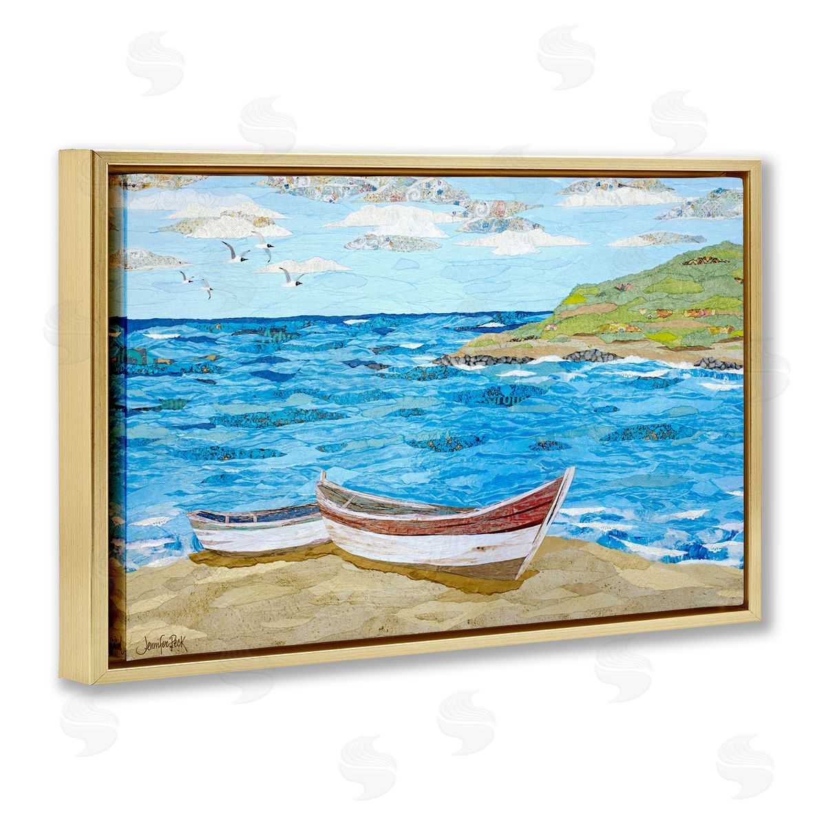 Mykonos Docked Boat Gold Floating Frame Canvas Wall Art, Home Decor by Jennifer Peck