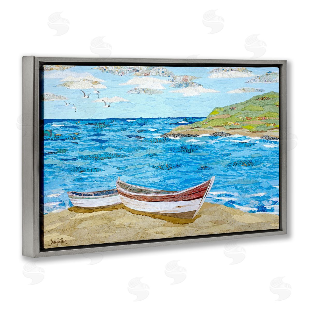 Mykonos Docked Boat Grey Floating Frame Canvas Wall Art, Home Decor by Jennifer Peck