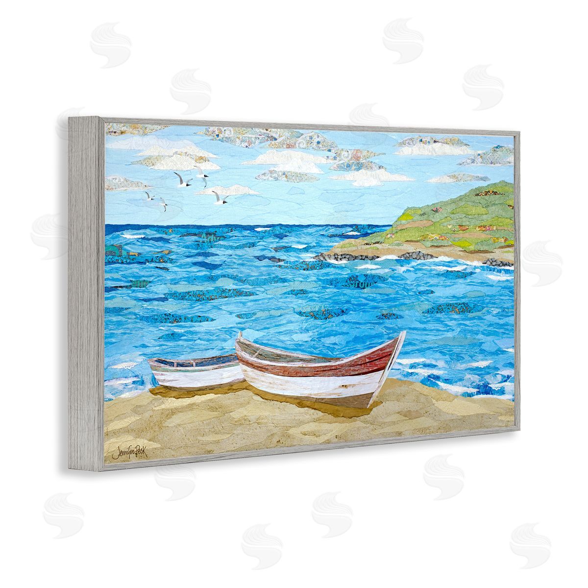 Mykonos Docked Boat Grey Frame Print Wall Art, Home Decor by Jennifer Peck