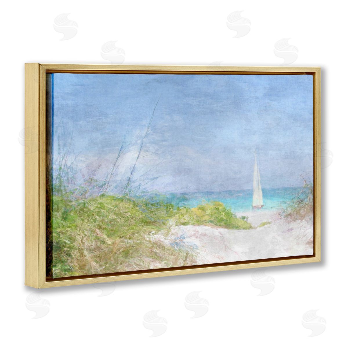 Solitary Yacht Seascape Gold Floating Frame Canvas Wall Art, Home Decor by Noah Bay