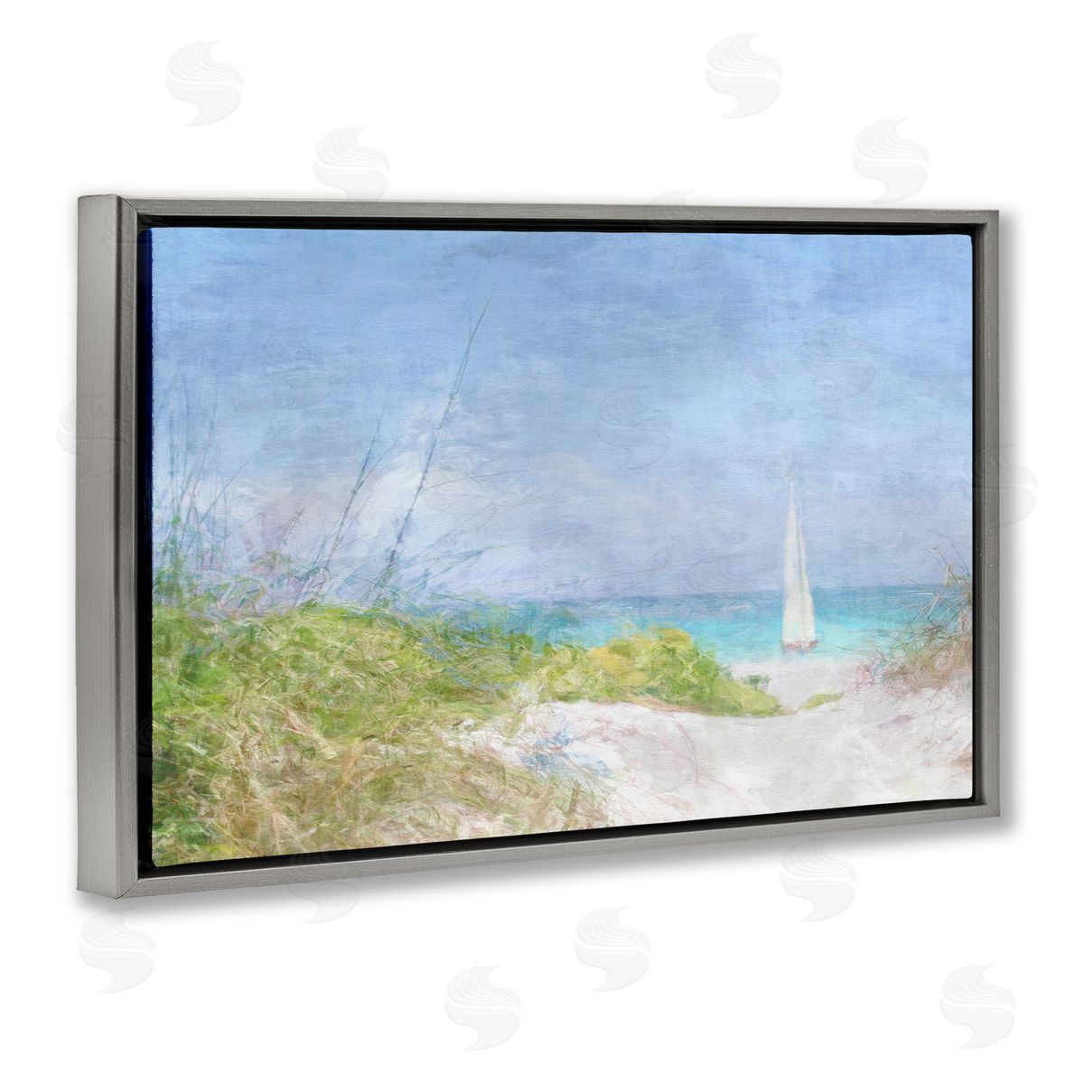 Solitary Yacht Seascape Grey Floating Frame Canvas Wall Art, Home Decor by Noah Bay