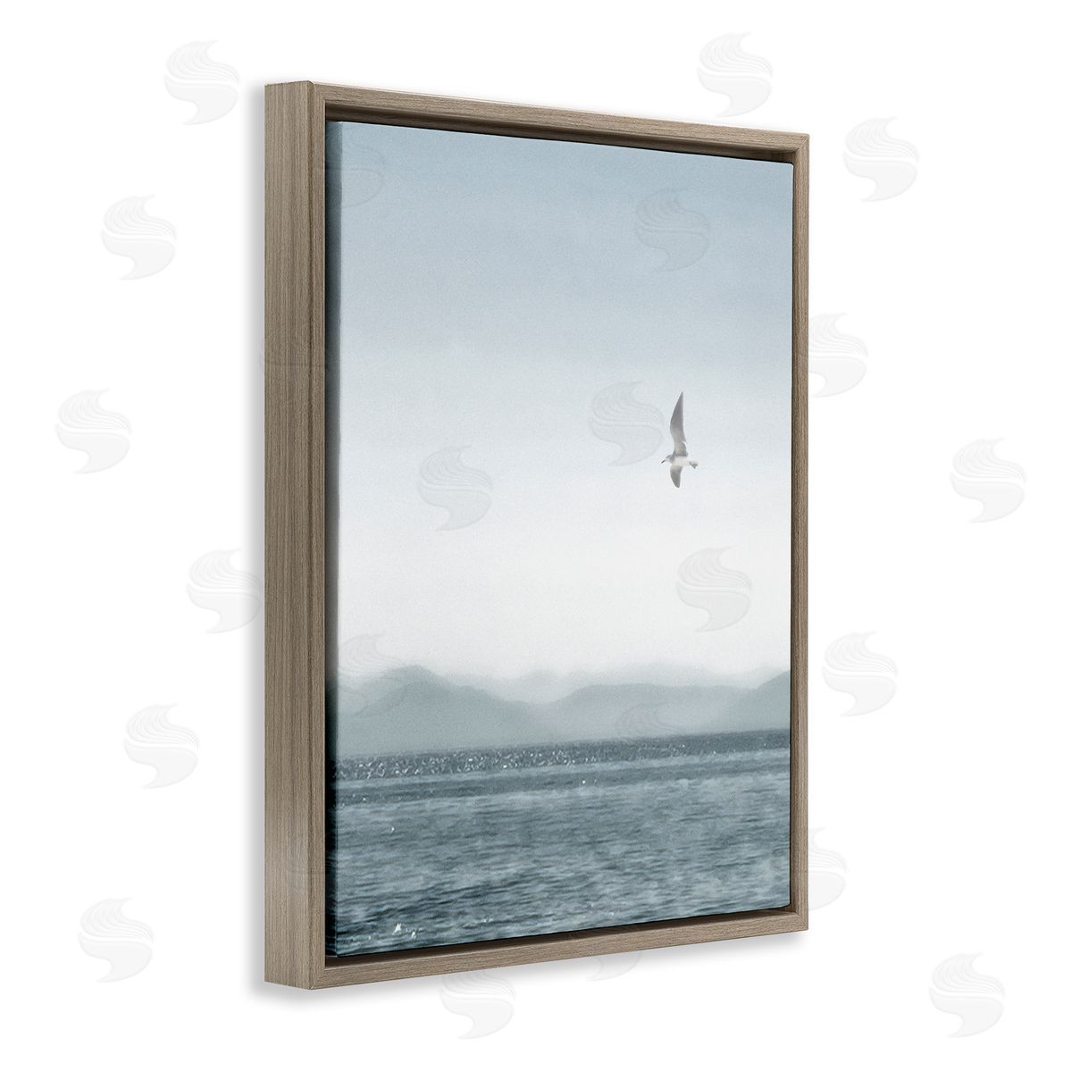 Lone Gull over Sea Brown Floating Frame Canvas Wall Art, Home Decor by Noah Bay