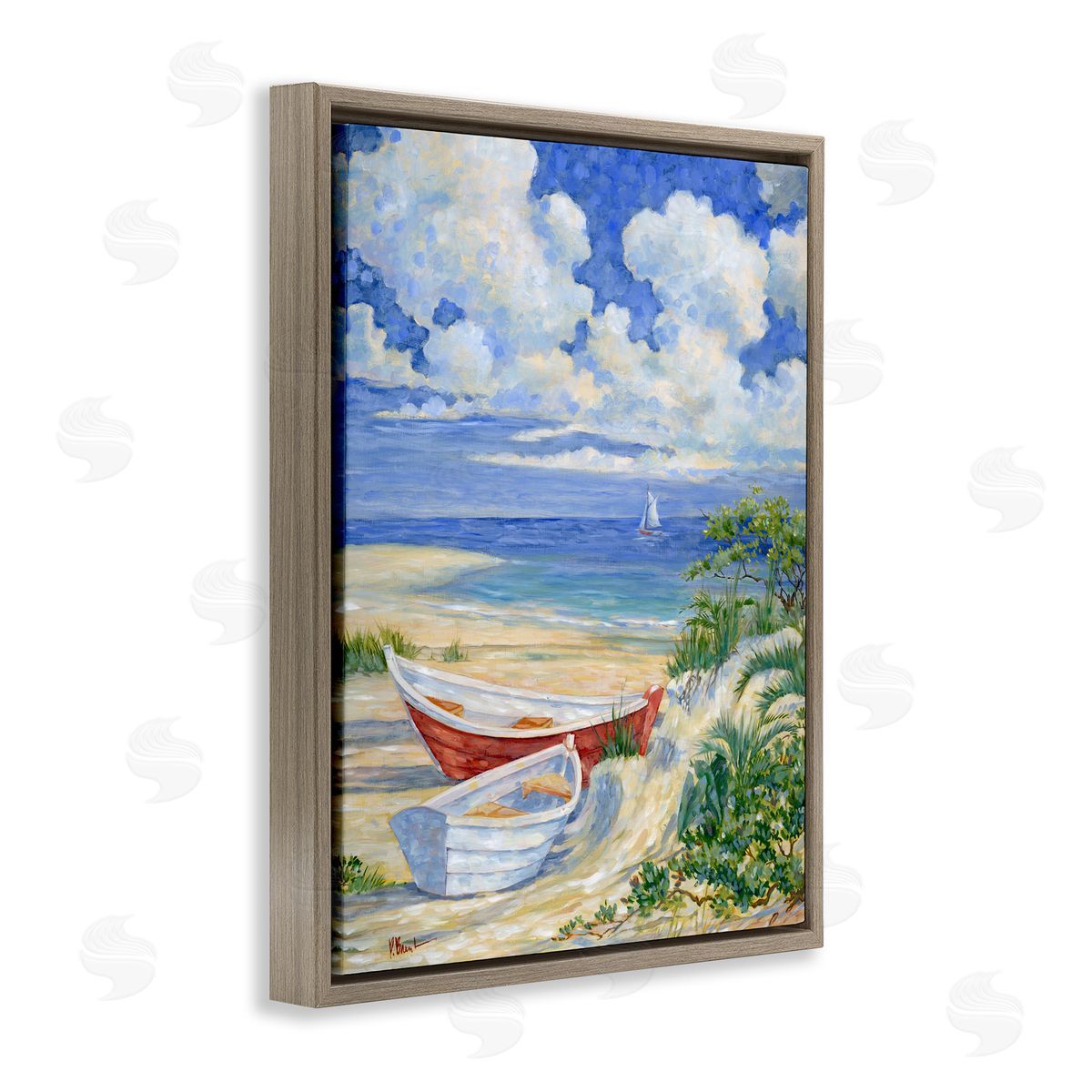 Two Boats on Sand Brown Floating Frame Canvas Wall Art, Home Decor by Paul Brent
