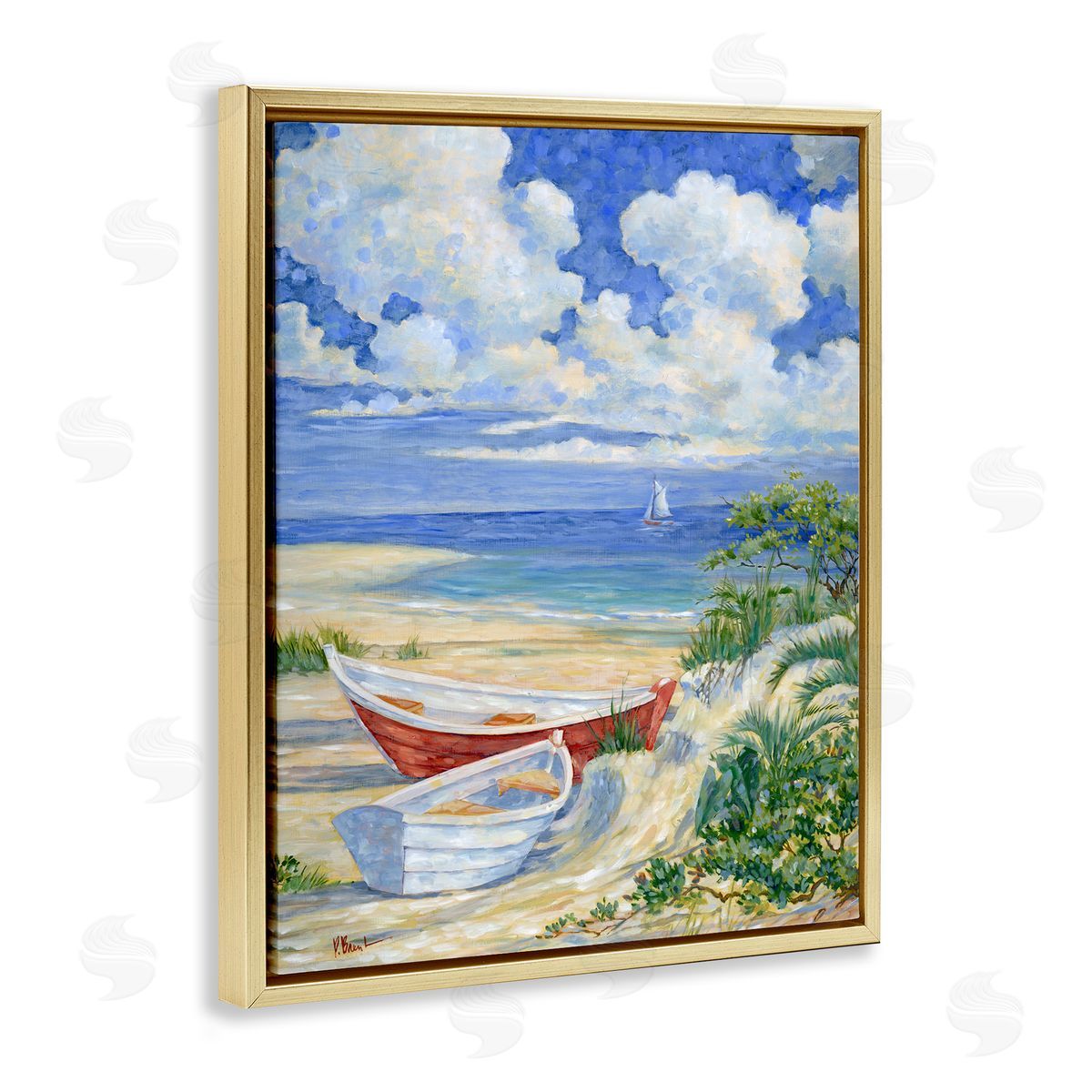 Two Boats on Sand Gold Floating Frame Canvas Wall Art, Home Decor by Paul Brent