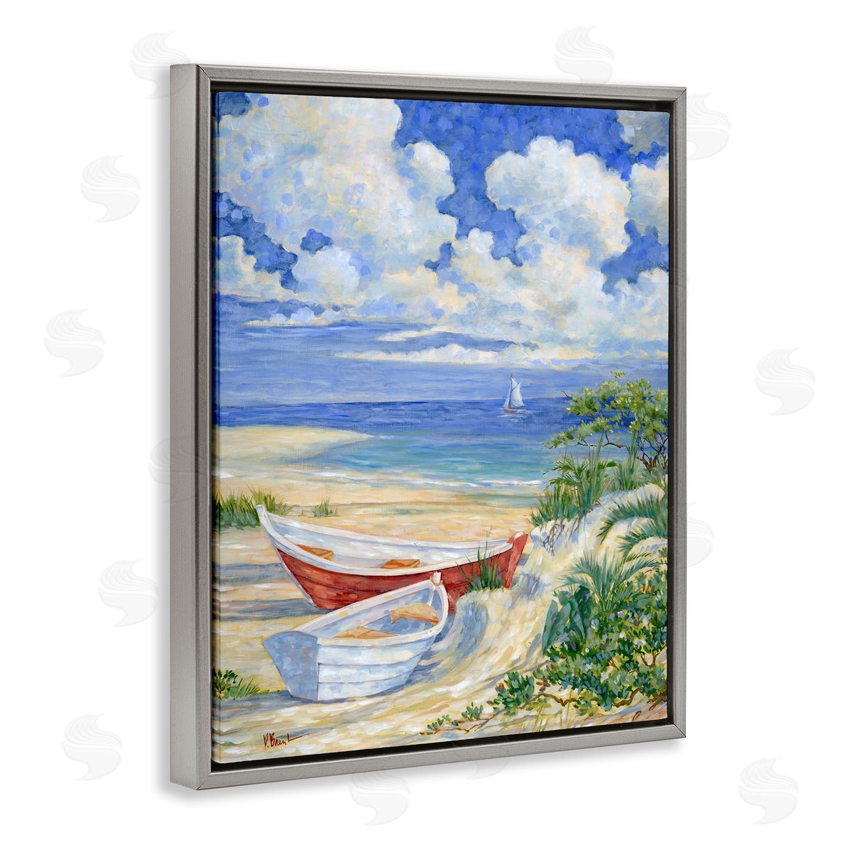 Two Boats on Sand Grey Floating Frame Canvas Wall Art, Home Decor by Paul Brent