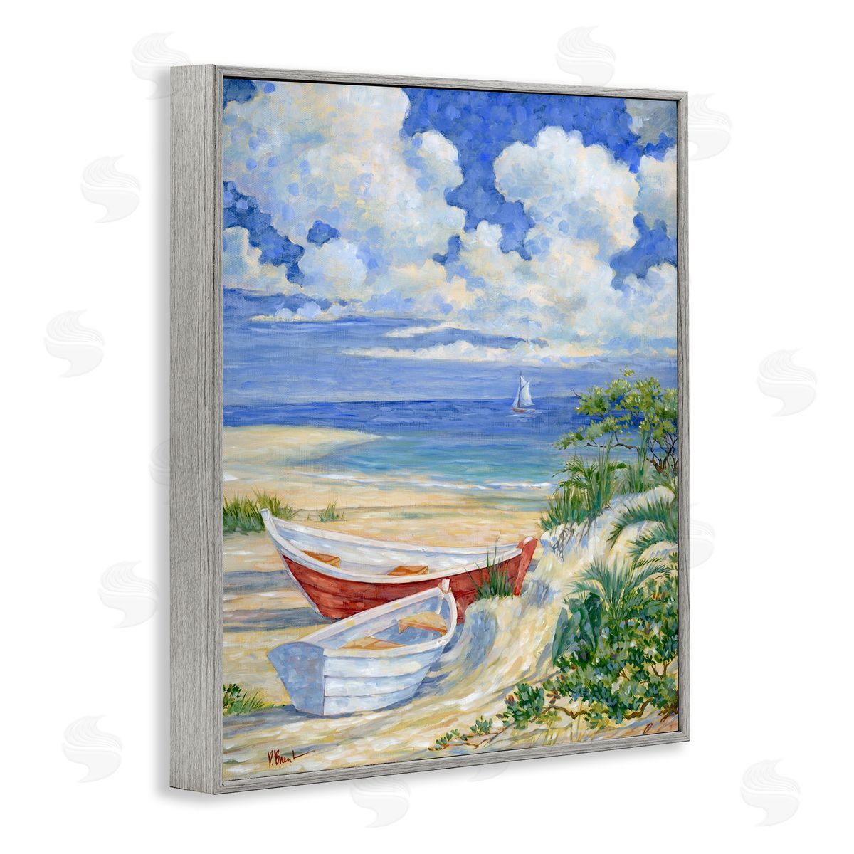 Two Boats on Sand Grey Frame Print Wall Art, Home Decor by Paul Brent