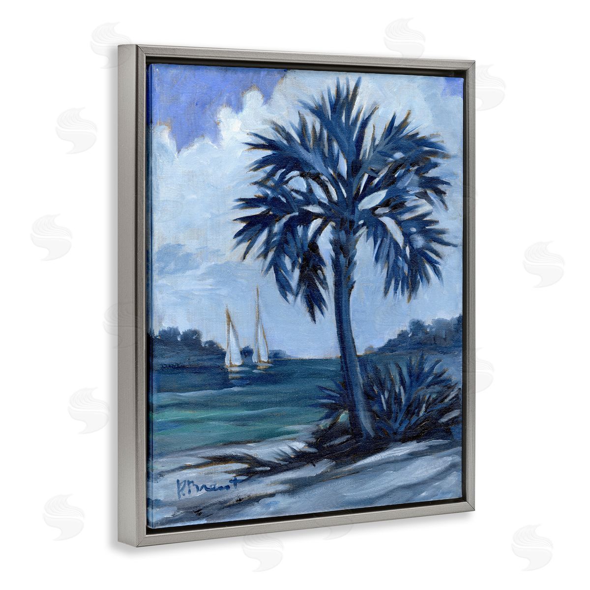 Paul Brent Blue Palm Impressions Gray Floating Frame Canvas Wall Art Print