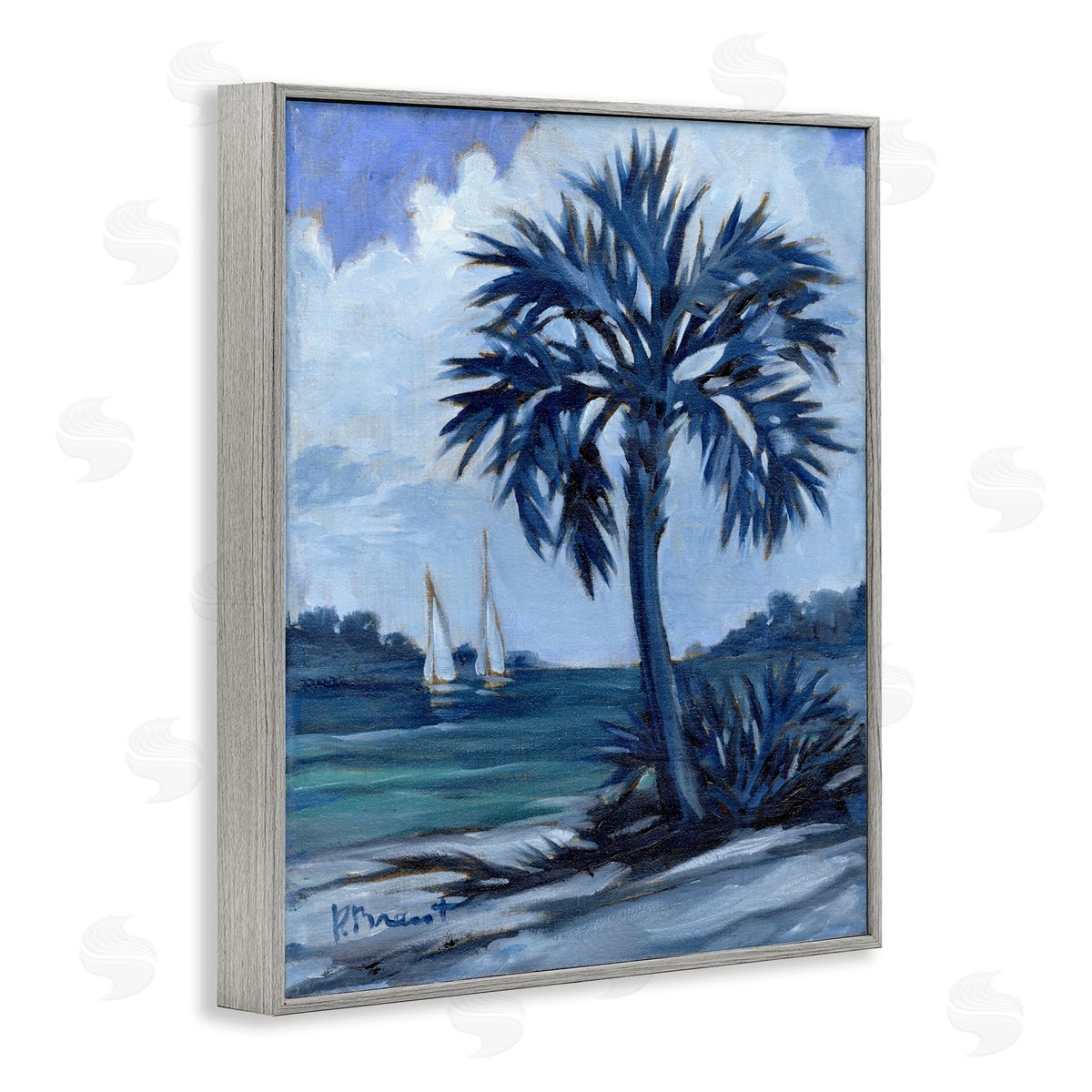 Paul Brent Blue Palm Impressions Gray Framed Giclee Wall Art Print