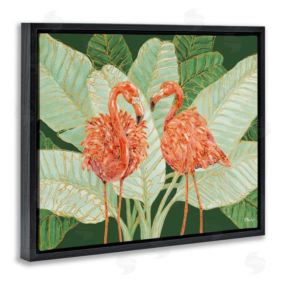 Martinique Flamingos and Leaves Black Floating Frame Canvas Wall Art, Home Decor by Paul Brent