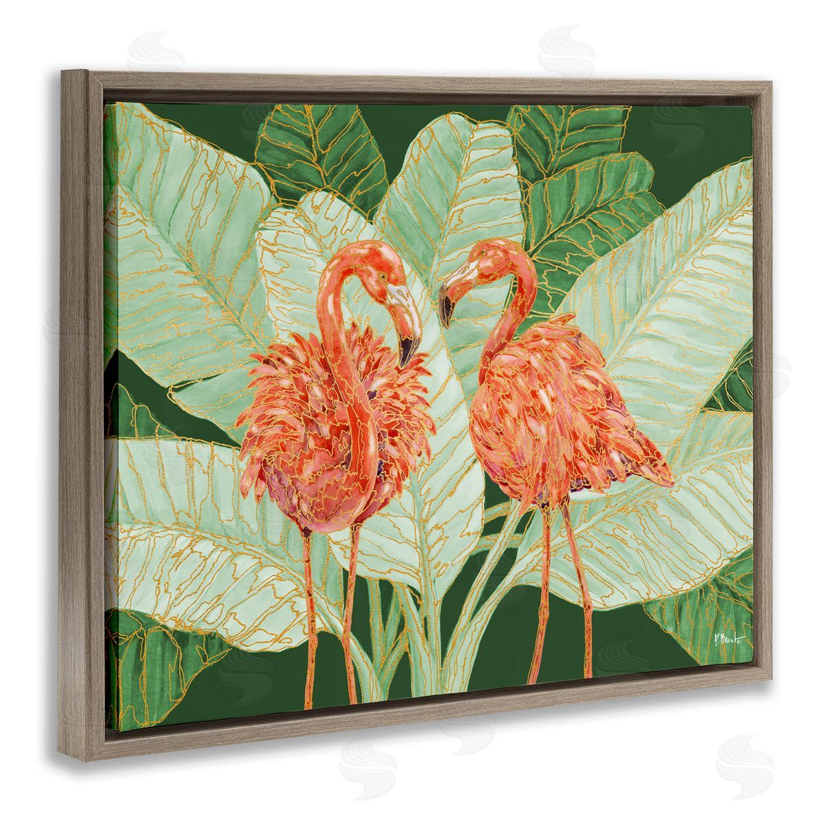 Martinique Flamingos and Leaves Brown Floating Frame Canvas Wall Art, Home Decor by Paul Brent