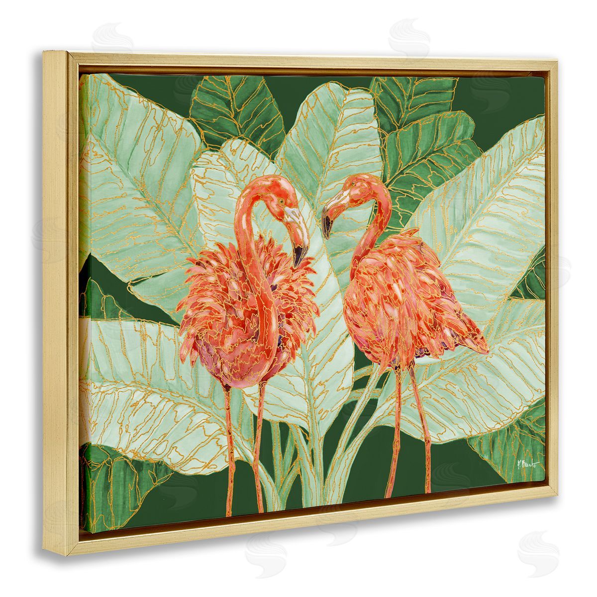 Martinique Flamingos and Leaves Gold Floating Frame Canvas Wall Art, Home Decor by Paul Brent