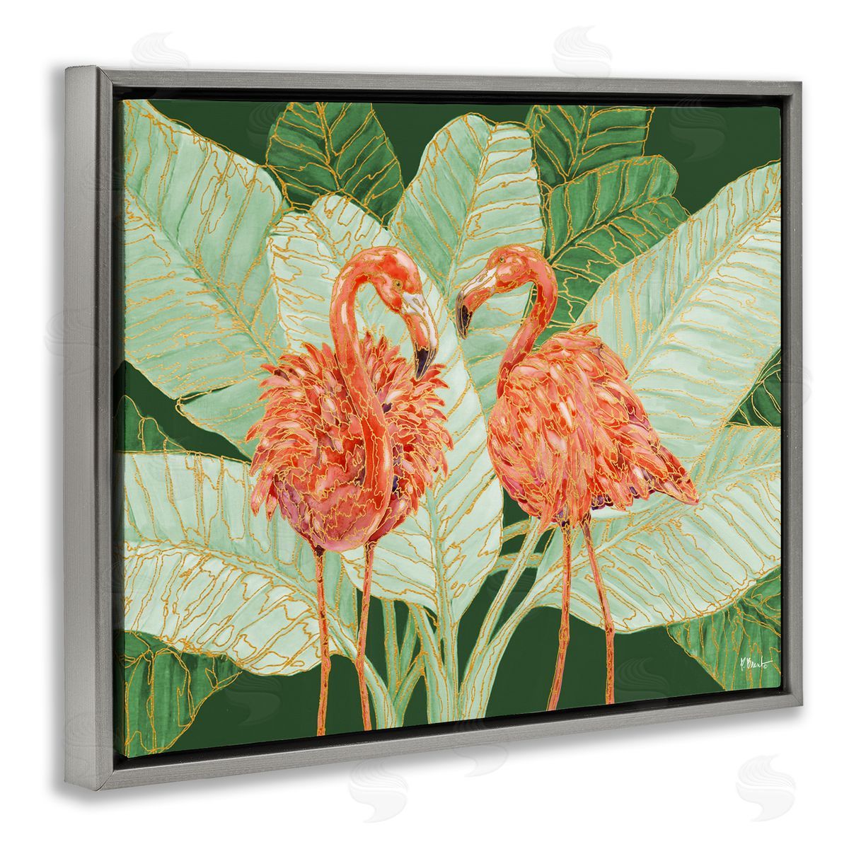 Martinique Flamingos and Leaves Grey Floating Frame Canvas Wall Art, Home Decor by Paul Brent