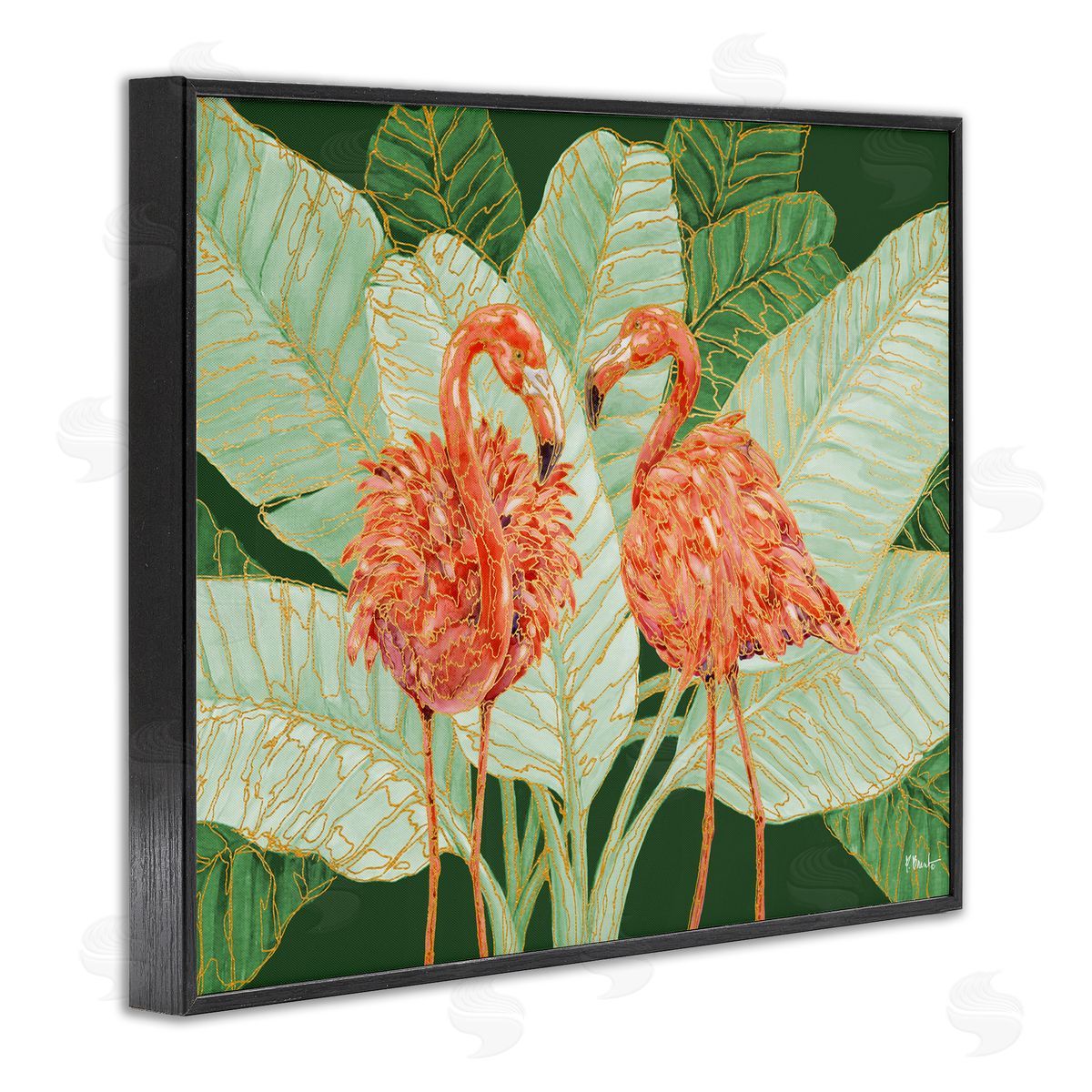 Martinique Flamingos and Leaves Black Frame Print Wall Art, Home Decor by Paul Brent