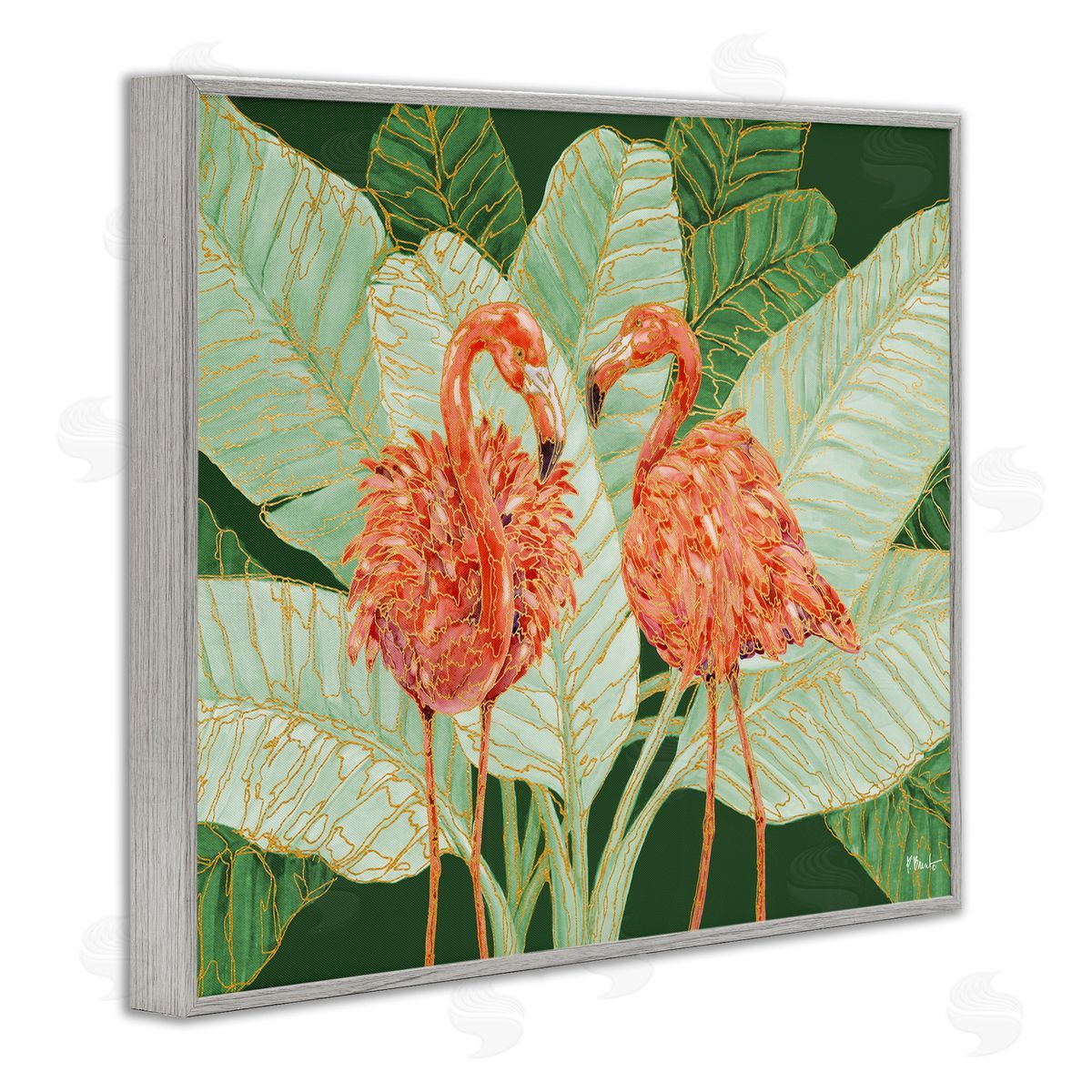Martinique Flamingos and Leaves Grey Frame Print Wall Art, Home Decor by Paul Brent