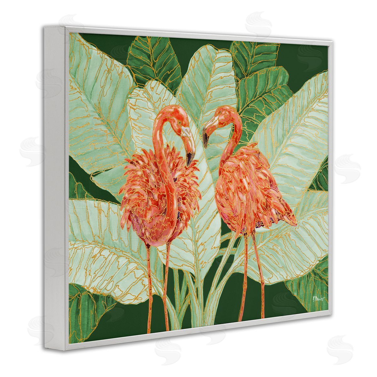 Martinique Flamingos and Leaves White Frame Print Wall Art, Home Decor by Paul Brent