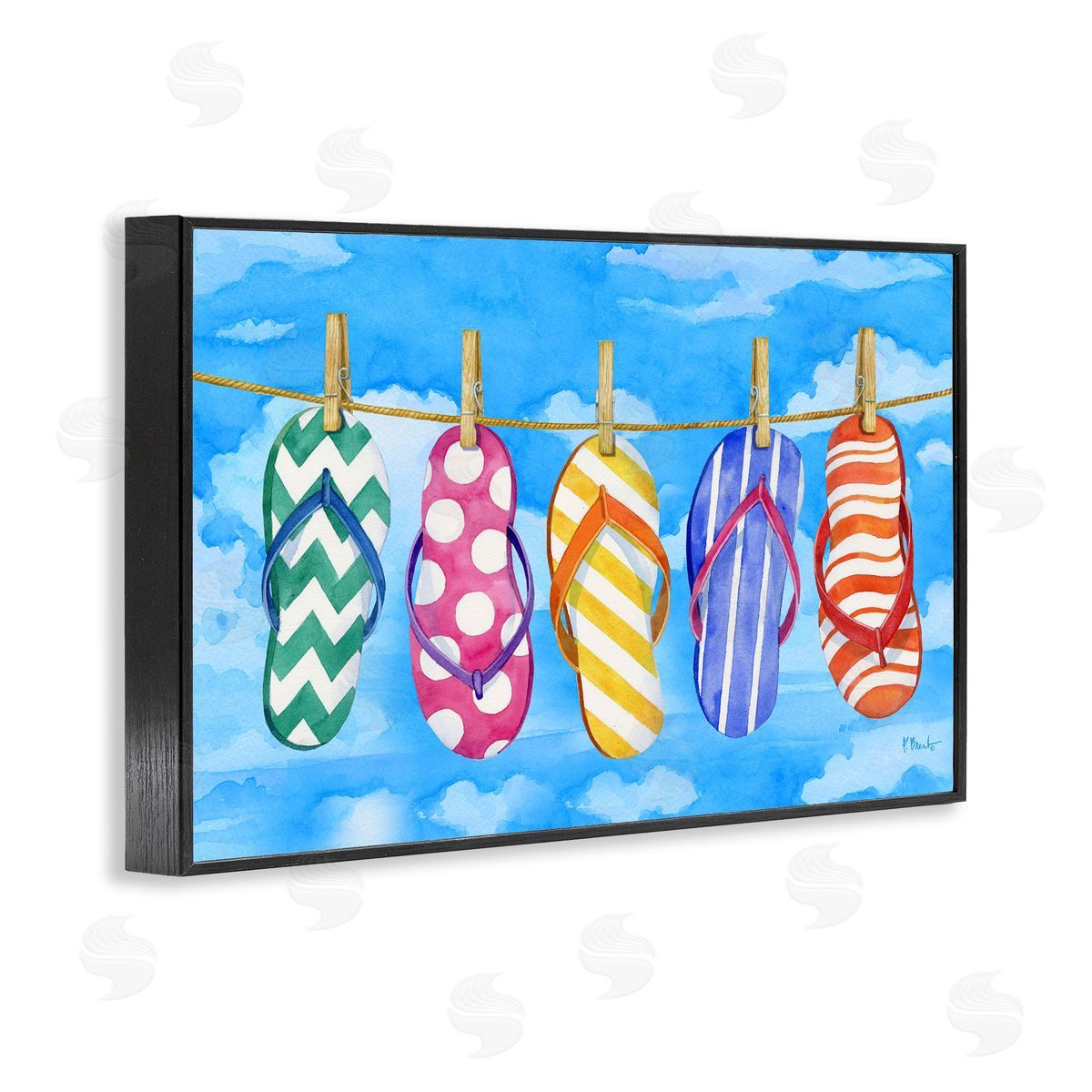 Flip Flops on Clothesline Black Frame Print Wall Art, Home Decor by Paul Brent