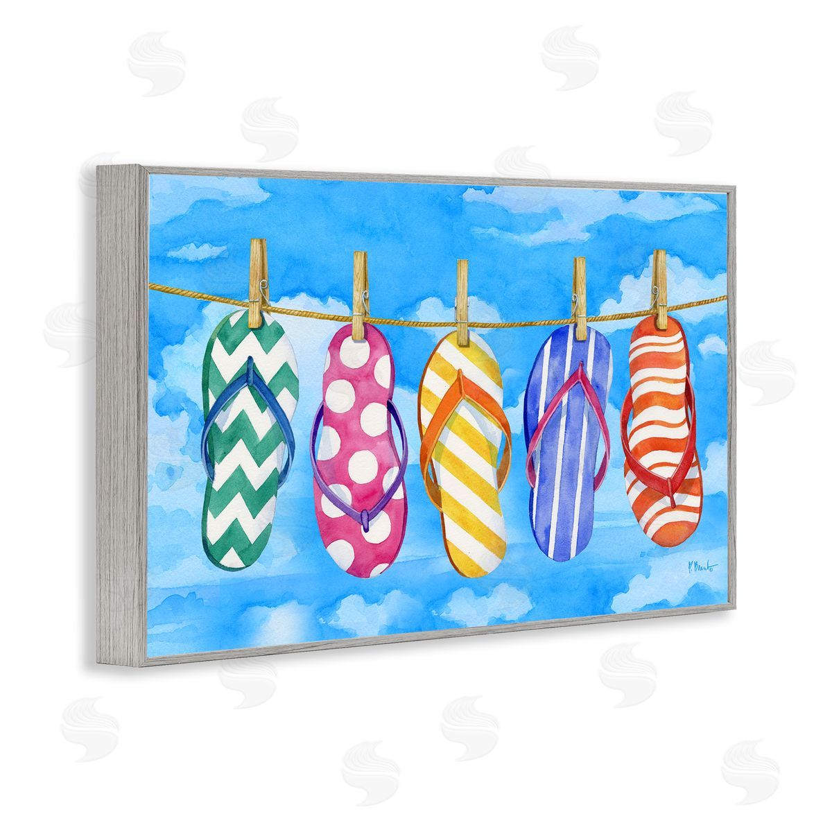 Flip Flops on Clothesline Grey Frame Print Wall Art, Home Decor by Paul Brent