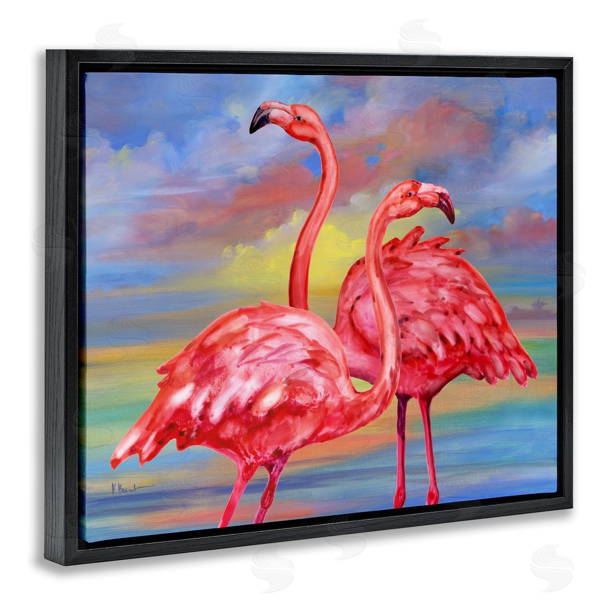 Rainbow Sunset Flamingos Black Floating Frame Canvas Wall Art, Home Decor by Paul Brent