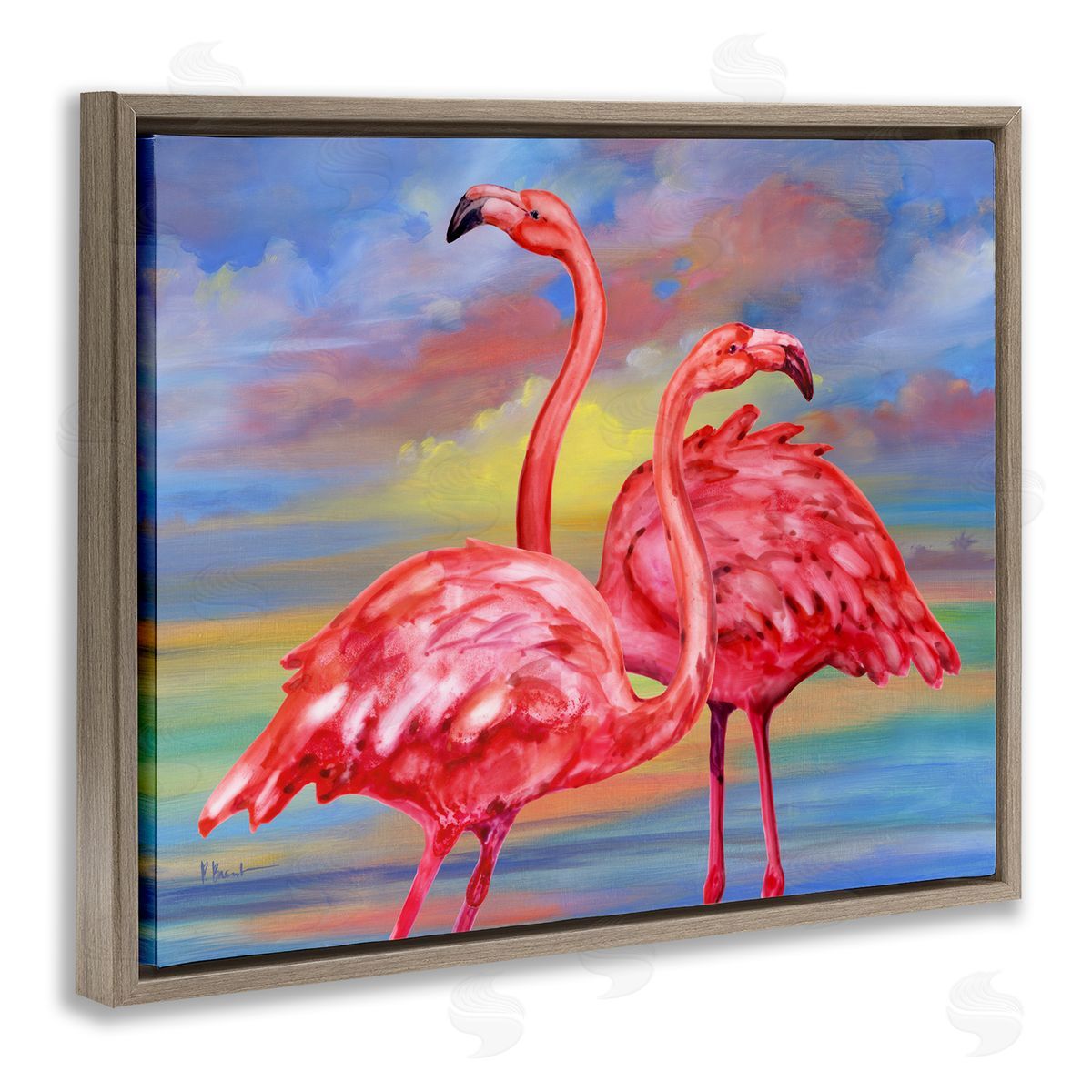 Rainbow Sunset Flamingos Brown Floating Frame Canvas Wall Art, Home Decor by Paul Brent