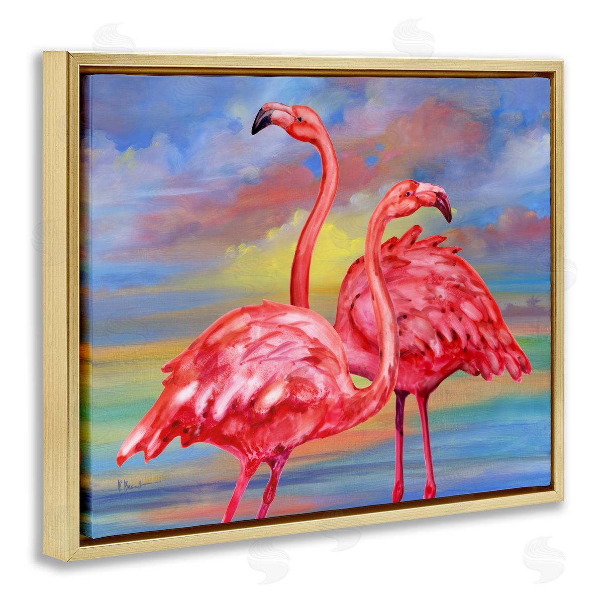 Rainbow Sunset Flamingos Gold Floating Frame Canvas Wall Art, Home Decor by Paul Brent