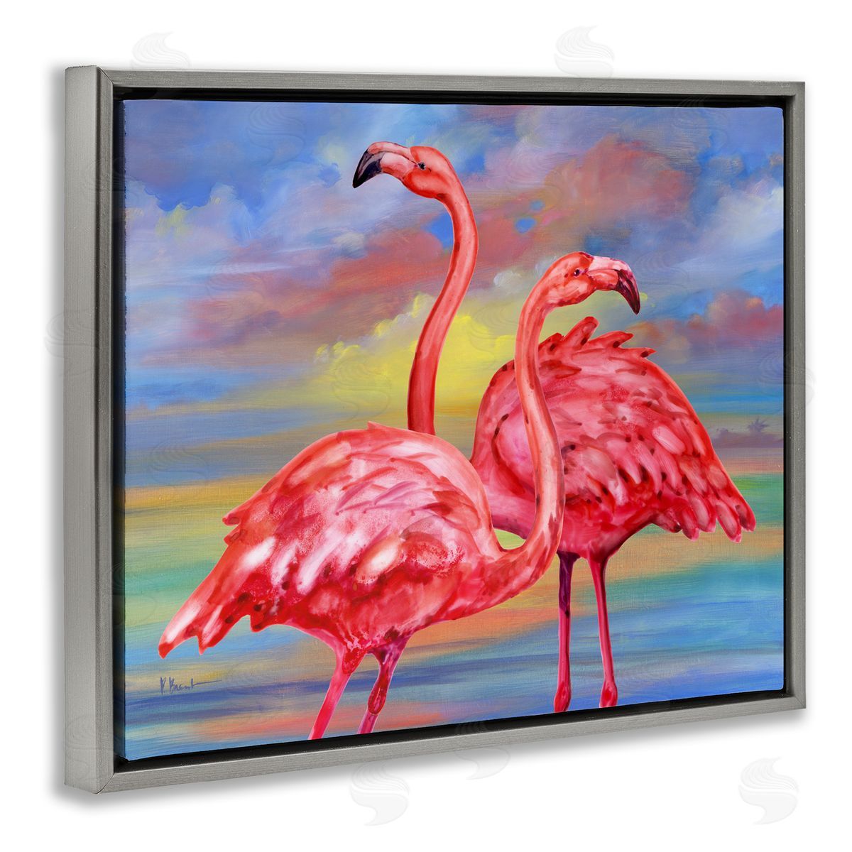 Rainbow Sunset Flamingos Grey Floating Frame Canvas Wall Art, Home Decor by Paul Brent
