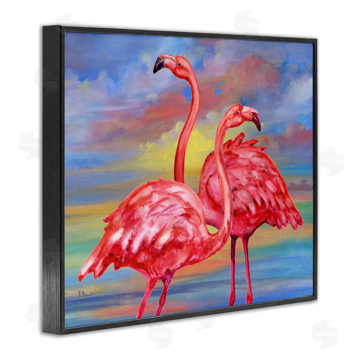 Rainbow Sunset Flamingos Black Frame Print Wall Art, Home Decor by Paul Brent