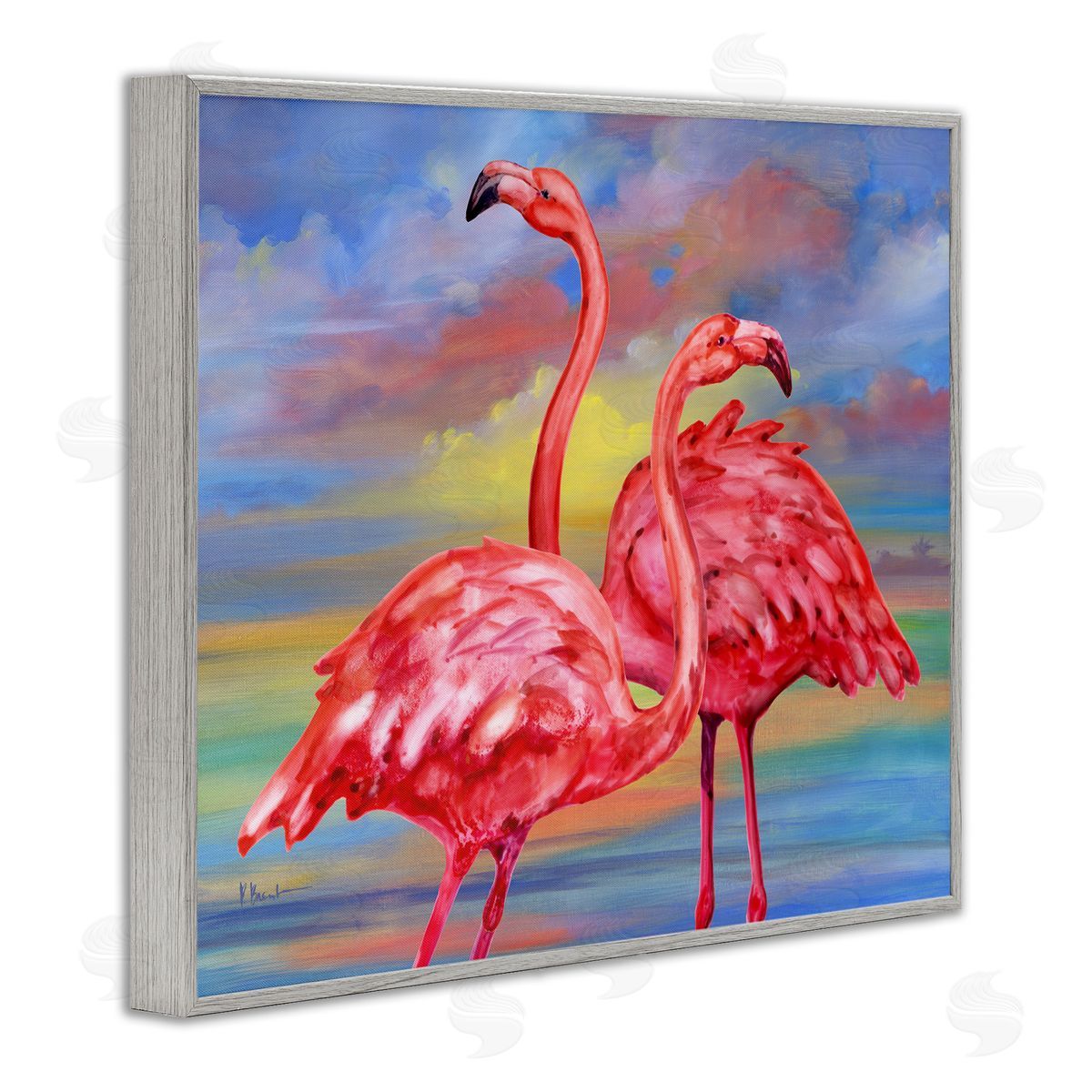 Rainbow Sunset Flamingos Grey Frame Print Wall Art, Home Decor by Paul Brent