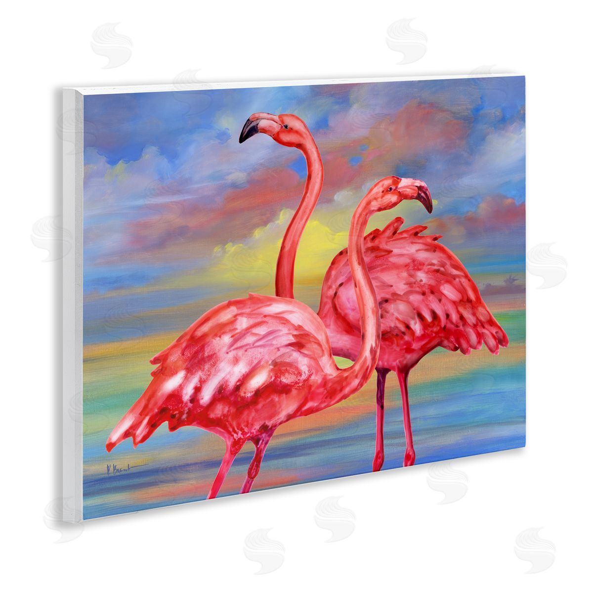 Rainbow Sunset Flamingos Wood Plaque Wall Art, Home Decor by Paul Brent