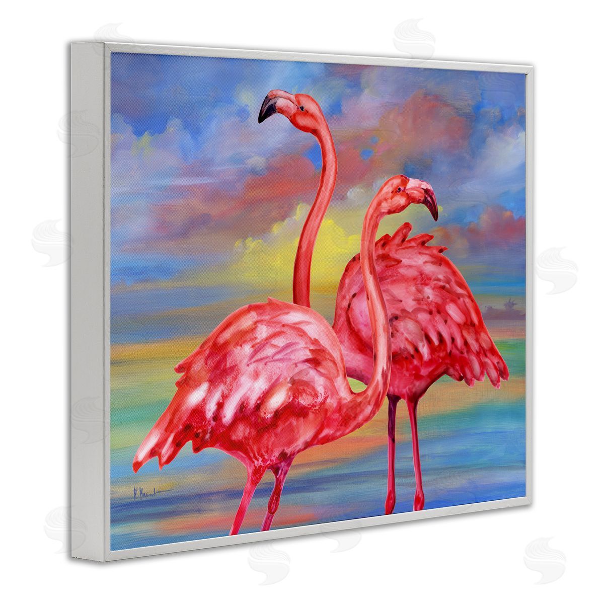 Rainbow Sunset Flamingos White Frame Print Wall Art, Home Decor by Paul Brent