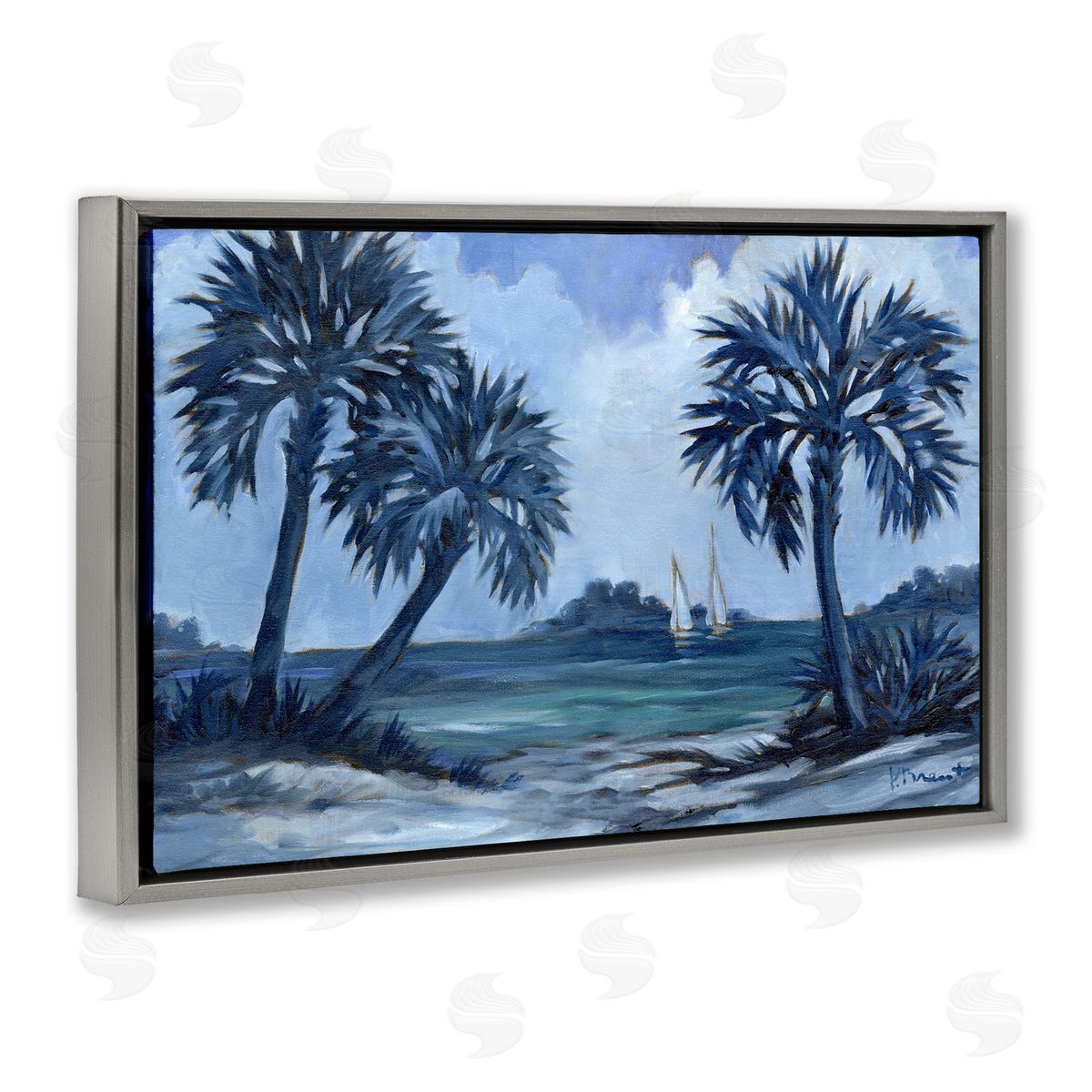 Indigo Palms Impressions Grey Floating Frame Canvas Wall Art, Home Decor by Paul Brent