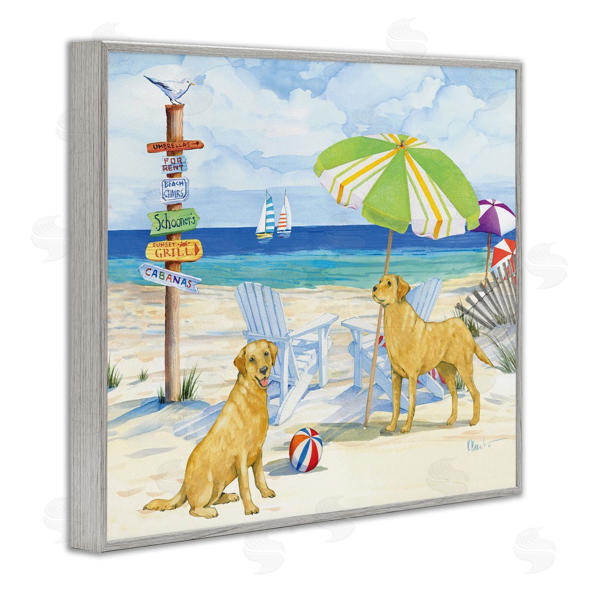 Retriever Dogs at Beach Grey Frame Print Wall Art, Home Decor by Paul Brent