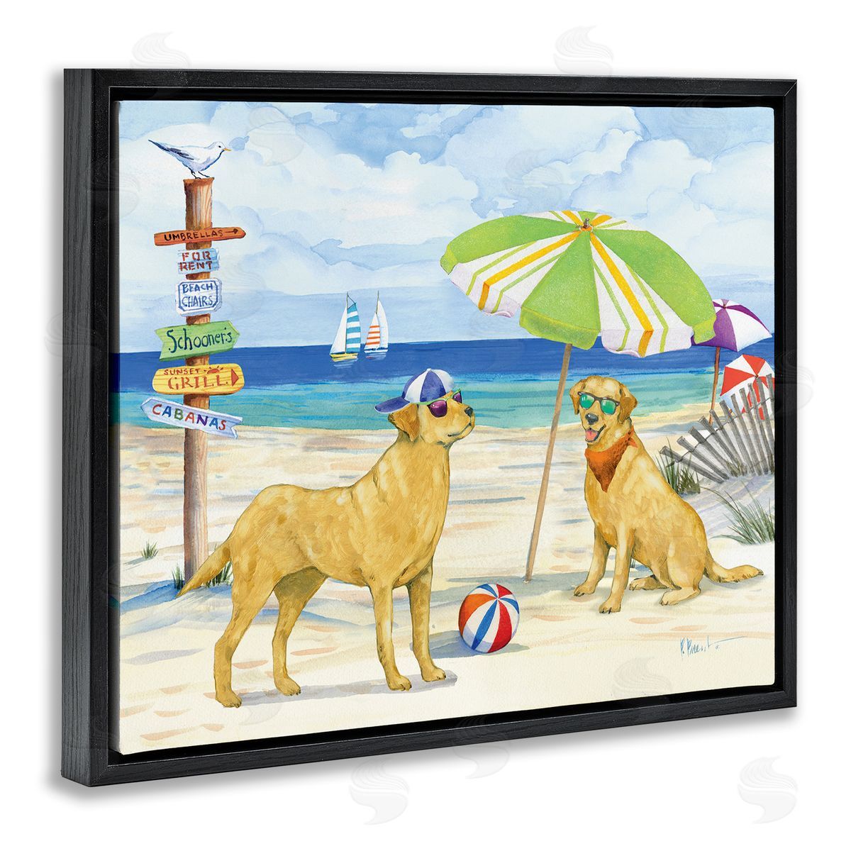Dog Day At Beach Black Floating Frame Canvas Wall Art, Home Decor by Paul Brent