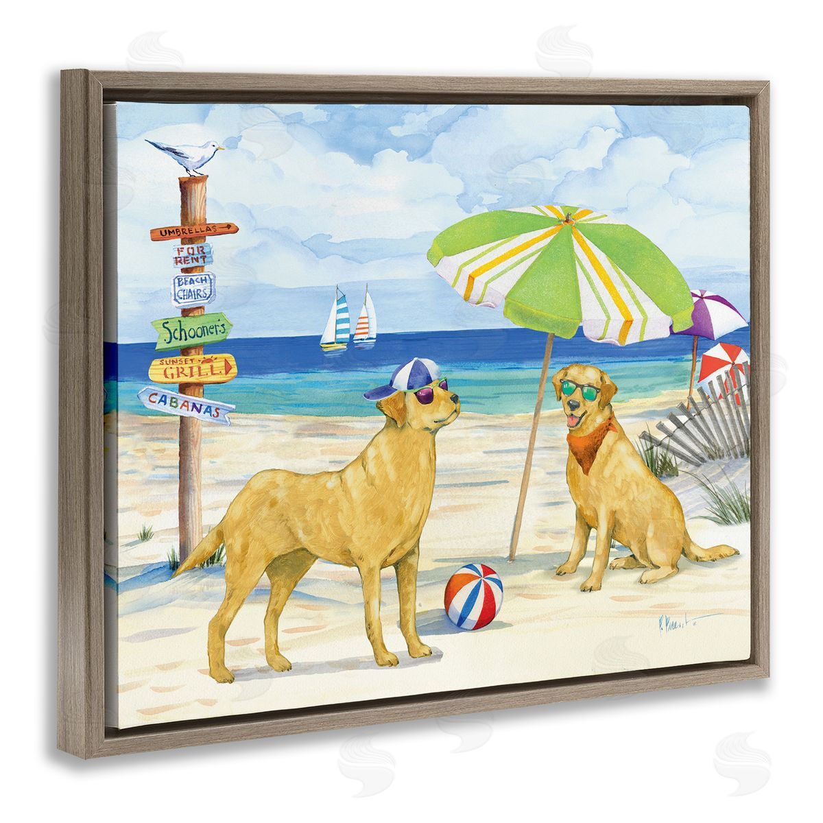 Dog Day At Beach Brown Floating Frame Canvas Wall Art, Home Decor by Paul Brent
