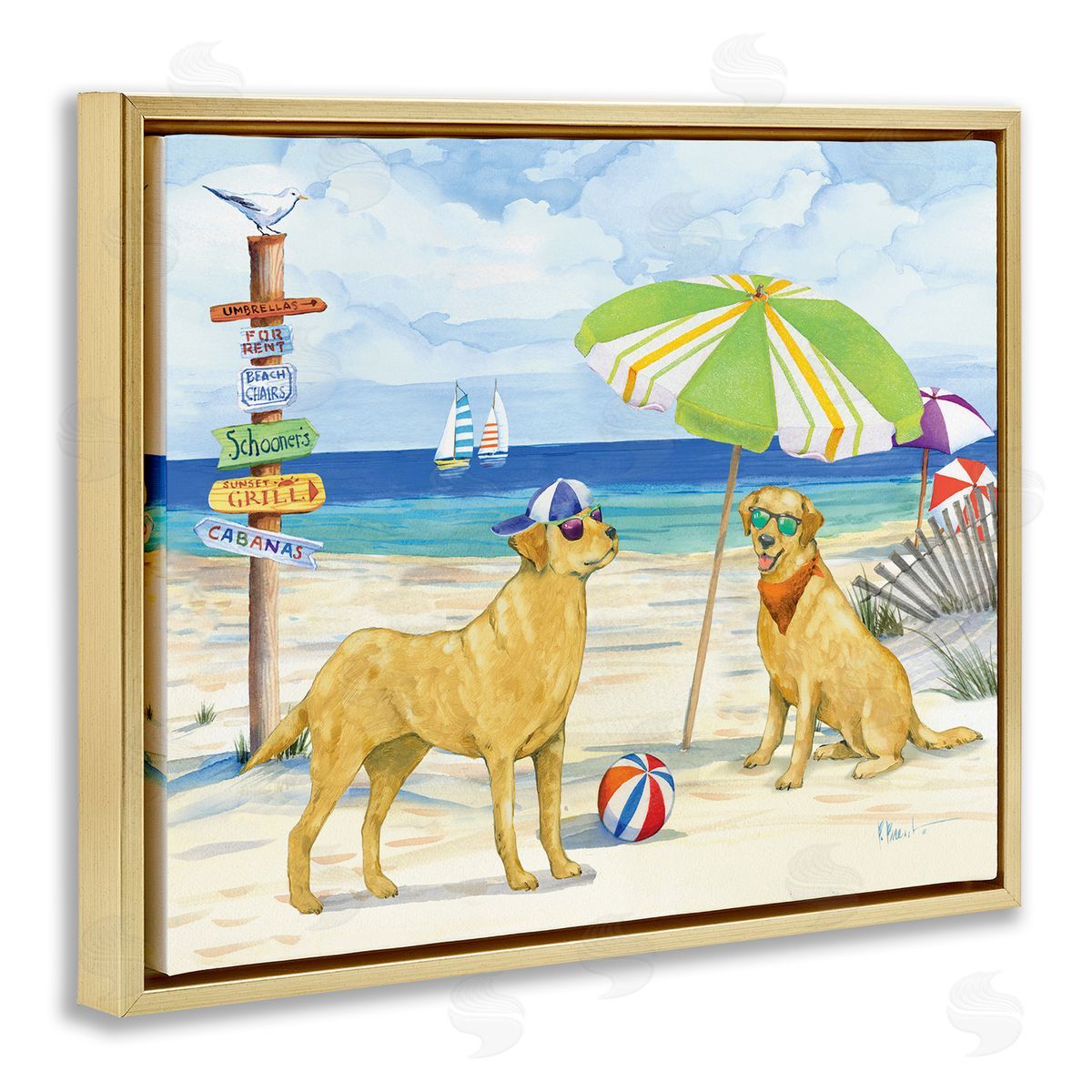 Dog Day At Beach Gold Floating Frame Canvas Wall Art, Home Decor by Paul Brent