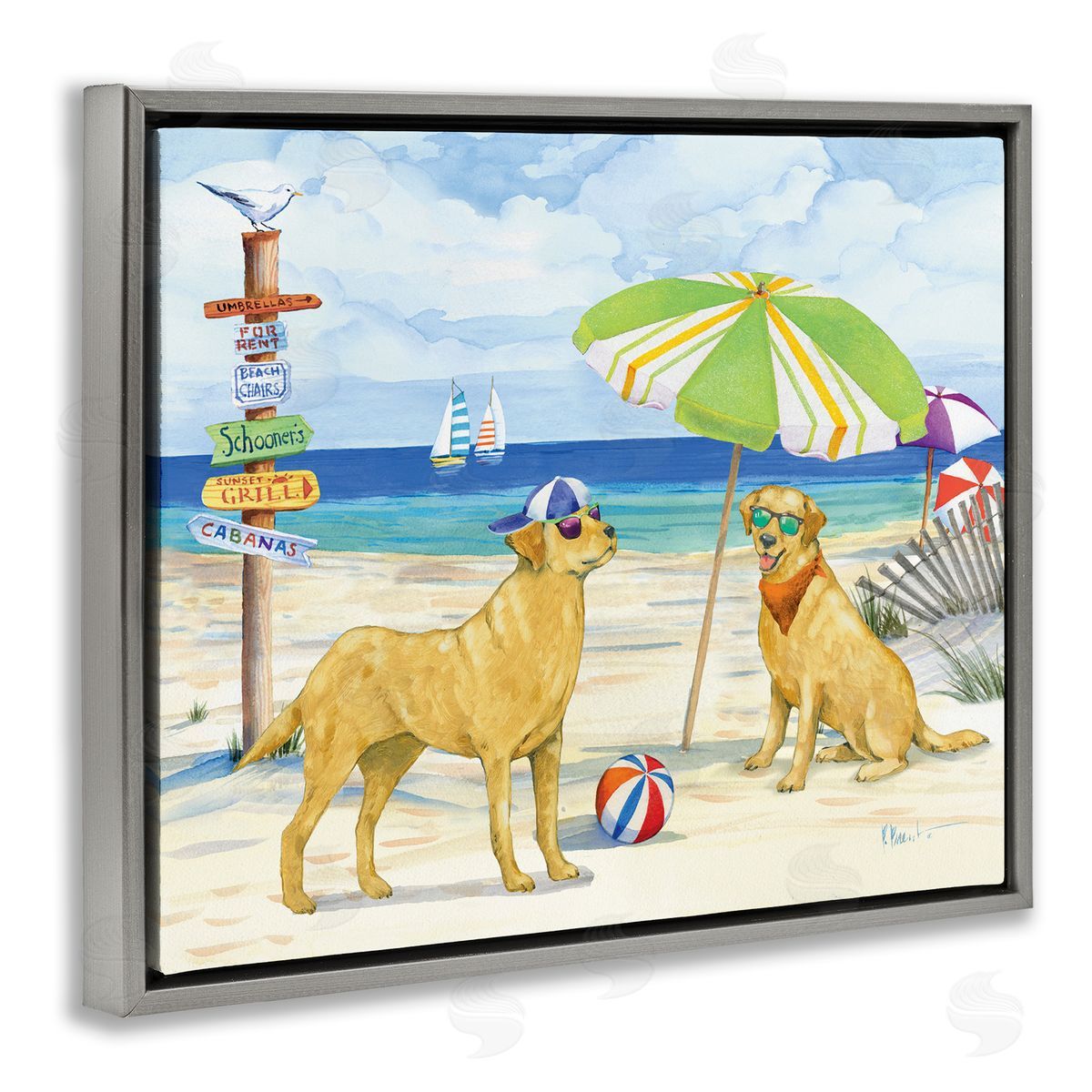 Dog Day At Beach Grey Floating Frame Canvas Wall Art, Home Decor by Paul Brent
