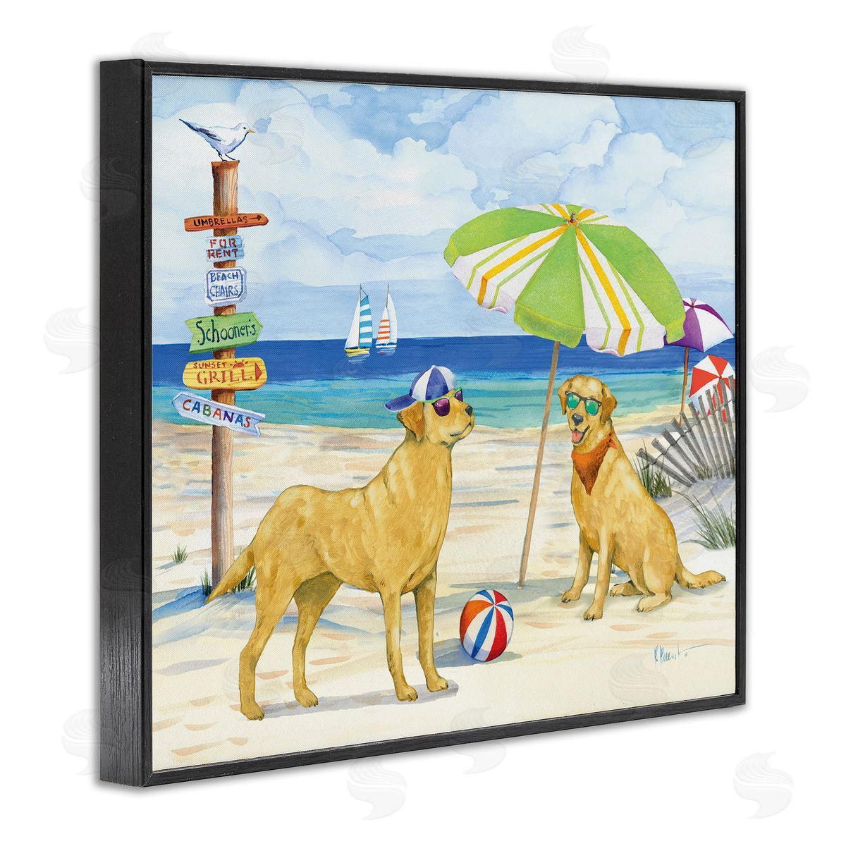 Dog Day At Beach Black Frame Print Wall Art, Home Decor by Paul Brent