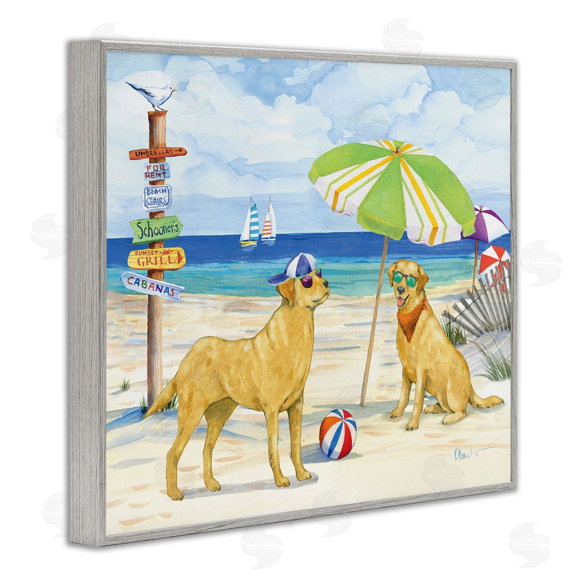 Dog Day At Beach Grey Frame Print Wall Art, Home Decor by Paul Brent