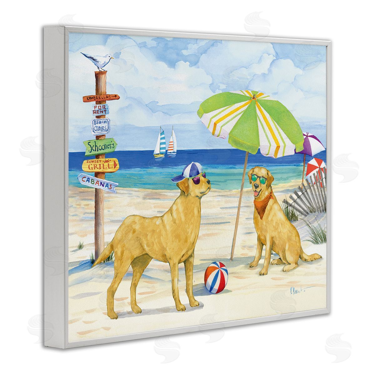 Dog Day At Beach White Frame Print Wall Art, Home Decor by Paul Brent