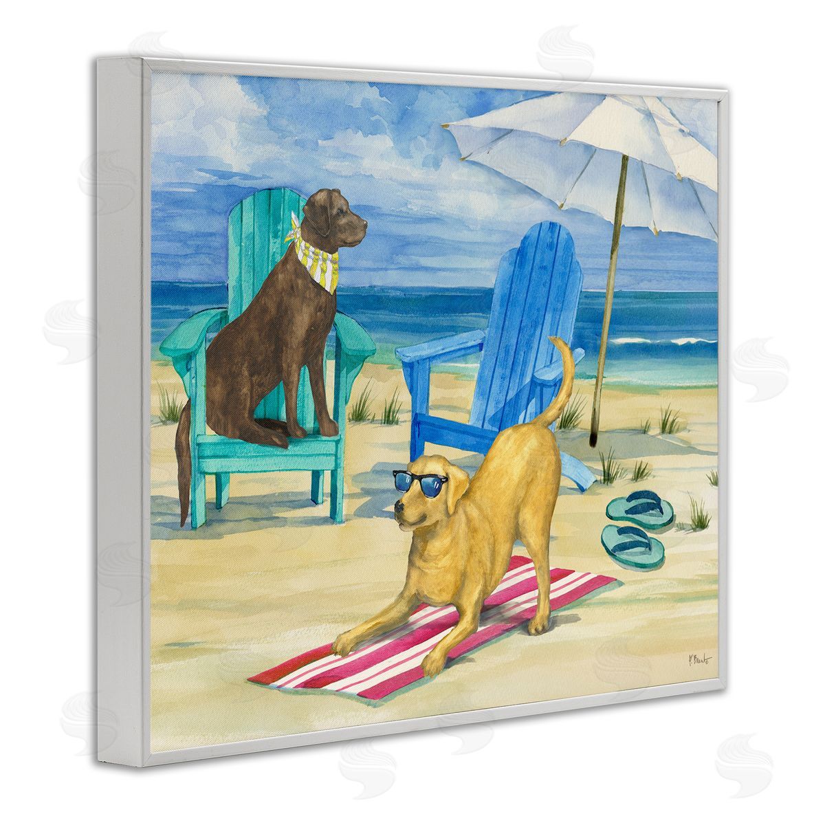 Dogs on Beach Towel White Frame Print Wall Art, Home Decor by Paul Brent