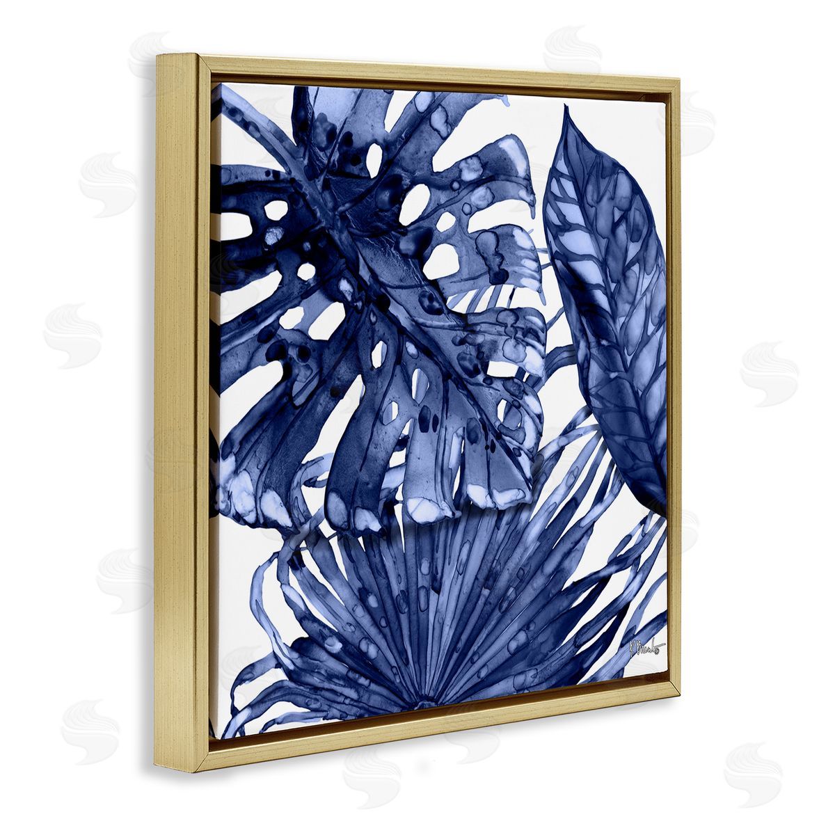 Blue Hued Palms Gold Floating Frame Canvas Wall Art, Home Decor by Paul Brent