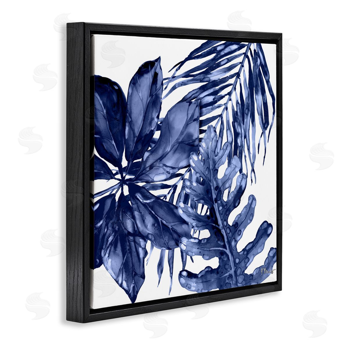Blue Hued Plant Leaves Black Floating Frame Canvas Wall Art, Home Decor by Paul Brent
