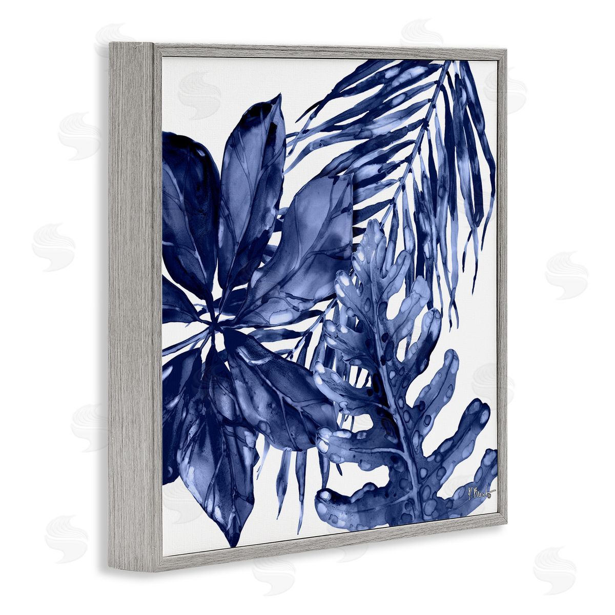 Blue Hued Plant Leaves Grey Frame Print Wall Art, Home Decor by Paul Brent