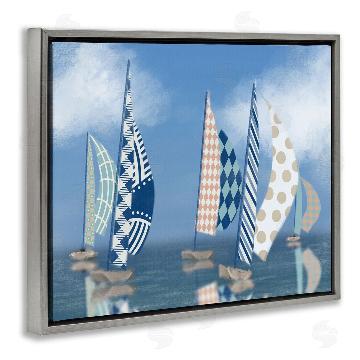 Patchwork Coastal Sailboats Grey Floating Frame Canvas Wall Art, Home Decor by Matthew Piotrowicz