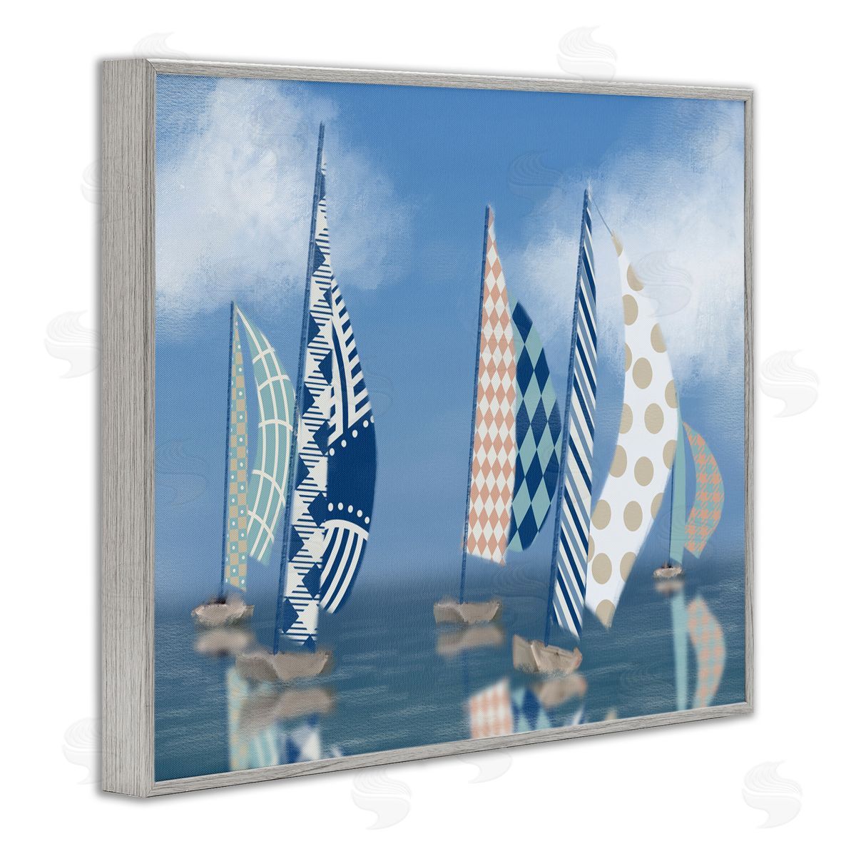 Patchwork Coastal Sailboats Grey Frame Print Wall Art, Home Decor by Matthew Piotrowicz