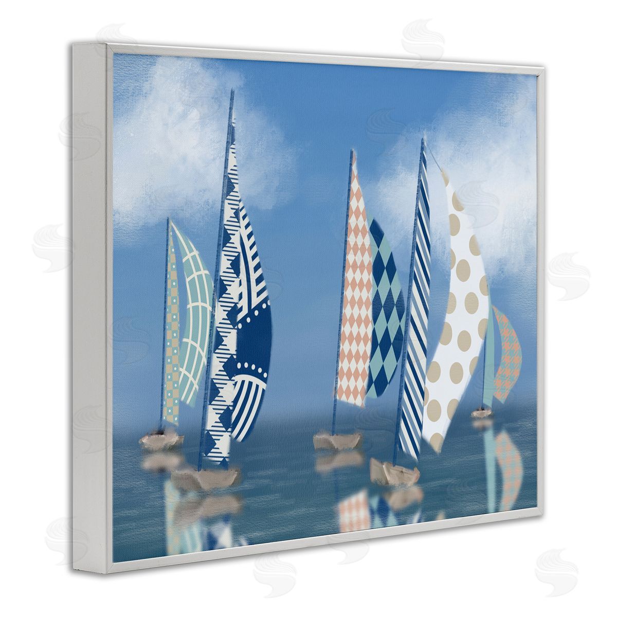 Patchwork Coastal Sailboats White Frame Print Wall Art, Home Decor by Matthew Piotrowicz
