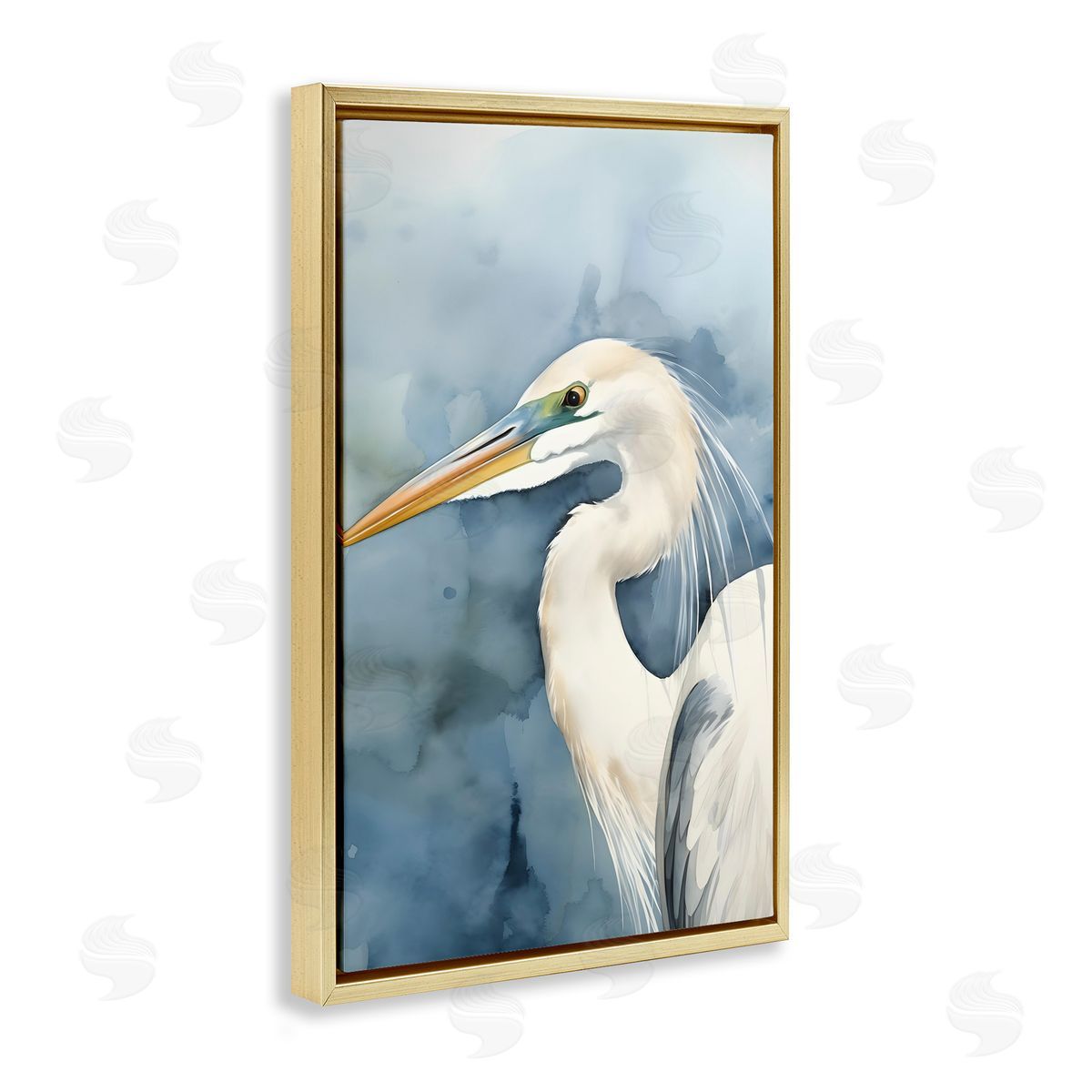Beach Bird on Blue Gold Floating Frame Canvas Wall Art, Home Decor by Petal Prints Design