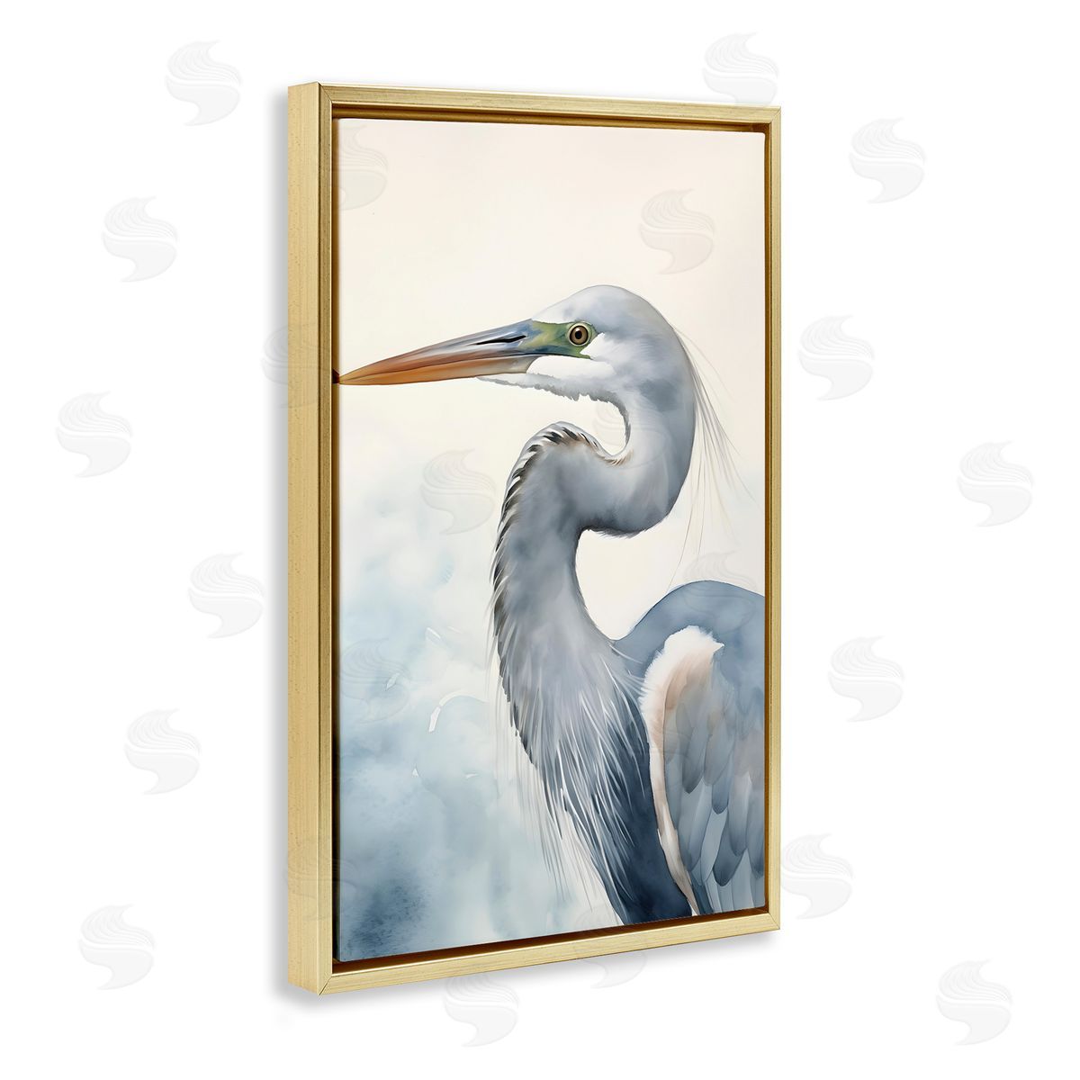 Quiet Heron Looking Left Gold Floating Frame Canvas Wall Art, Home Decor by Petal Prints Design