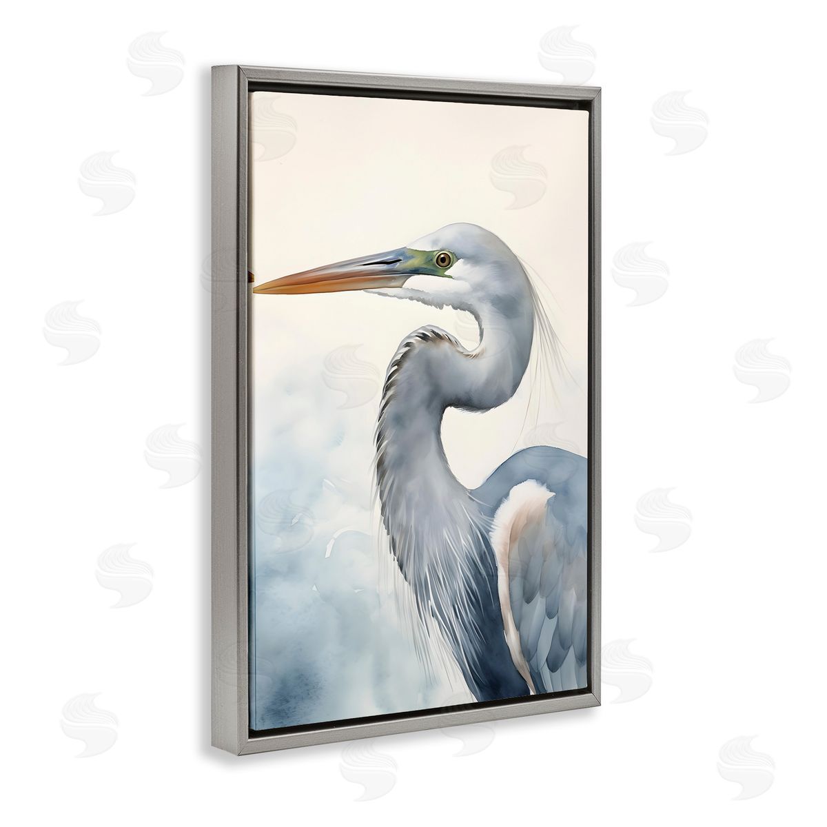 Quiet Heron Looking Left Grey Floating Frame Canvas Wall Art, Home Decor by Petal Prints Design